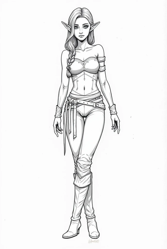 Draw a woman inspired by Millena from Mortal Kombat in a hand-drawn style without a background and in black and white 
