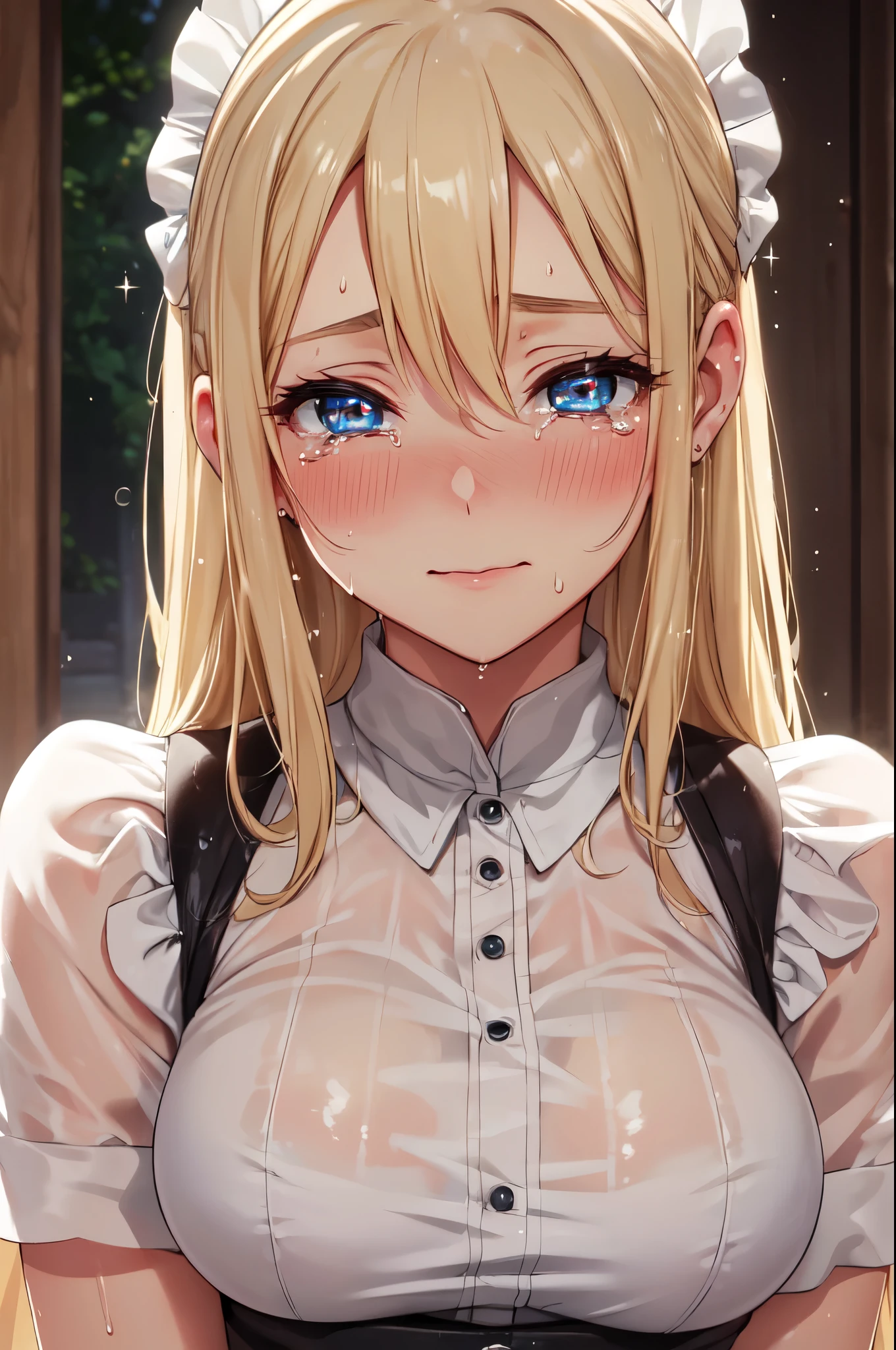 1 woman、portrait of young european woman、wealthy class、beautiful blonde hair、very long hair of golden color、best face、detailed face、masterpiece、Natural light、long eyelashes、thick eyelashes、24-years-old、No sleeve、tall、the best beauty、Ephemeral beauty、Eyes as blue as the sea、cheeks are stained red、looking at the viewer、Slender、tall、Height 180cm、slender、Height、((sweaty))、A lot of sweat is running down my face、raising both arms up、troubled face、(((steaming body))), 8K quality、tears、tears目、Biting your lip、a regretful face、staring at the viewer、clothes are transparent, church, stained glass, (gigantic breast), white dress, long gloves, open mouth, (((((cum in pussy)))))