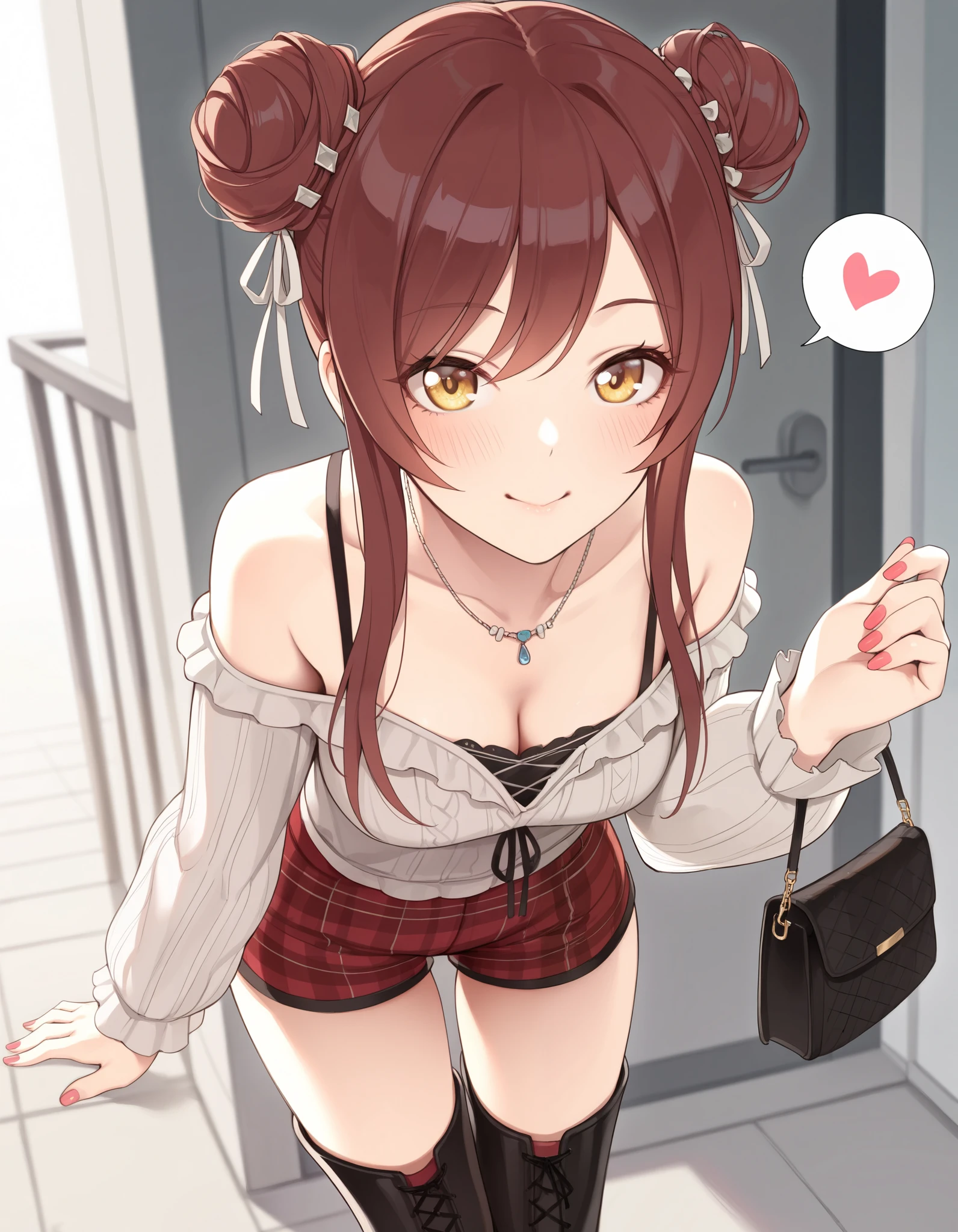 1girl,osaki amana,idolmaster shiny colors, bare shoulders, boots, breasts, brown hair, cleavage, collarbone, double bun, hair bun, handbag, heart, jewelry, leaning forward, long hair, long sleeves, medium breasts, nail polish, necklace, official alternate costume, official alternate hairstyle, plaid clothes, plaid shorts, shorts, smile, speech bubble, spoken heart, swept bangs, thigh boots, yellow eyes ,asutora,nanahara fuyuki,ruo zhishi chu jian,yueko \(jiayue wu\),colis,masterpiece, best quality, amazing quality, very aesthetic, absurdres,newest,huge filesize,
