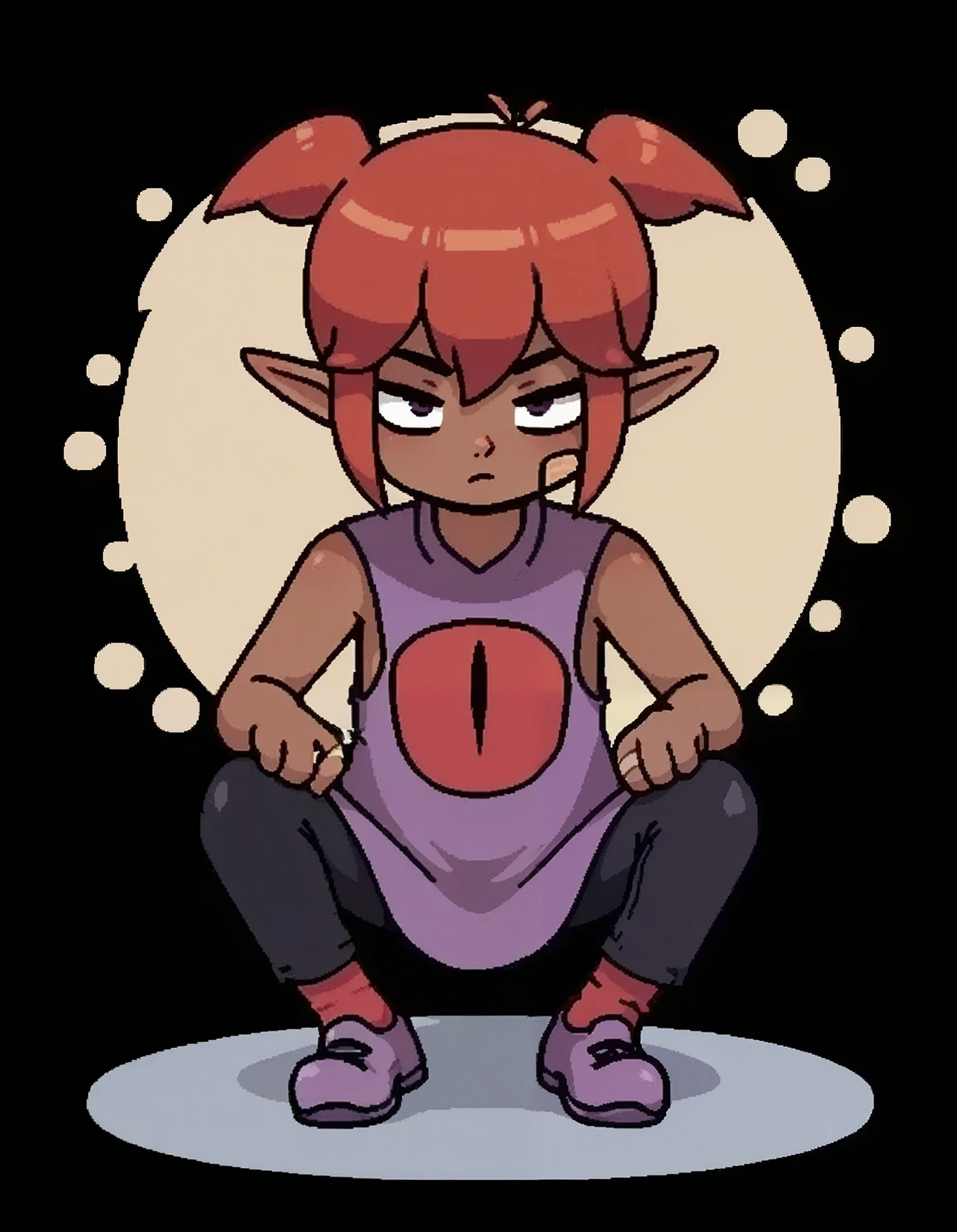 score_9, score_8_up, score_7_up, full body, pants, solo, transparent background, Front view, from front, 1girl, black backgrounds, tanding, black pants, pointy ears, Brown skin, red hair, short hair, short twin tails, Sleeveless, Tunic, purple dress, Purple shoes, red socks, eye on the shirt, bandaid on the face