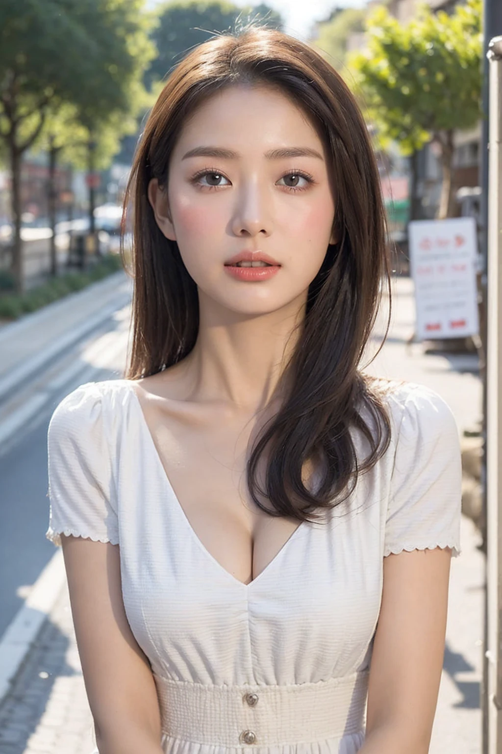 (Ultra - High resolution:1.5)(super detailed:1.3) (super high quality) (Super high quality:1.5) (realistic pictures:1.3) japanese woman 21 years old ((Fine and beautiful face:1.3)) ((realistic skin texture:1.3)) ((Precise, high-quality eyes:1.3)) ((Detailed and high-quality ears)) ((beautiful, My skin is very fair and transparent.:1.3)) ((beautifully groomed straight short bob hair))Complete body beautiful proportions Very beautiful HD picture quality key hole tanktop The background is the city whole body smile sexy