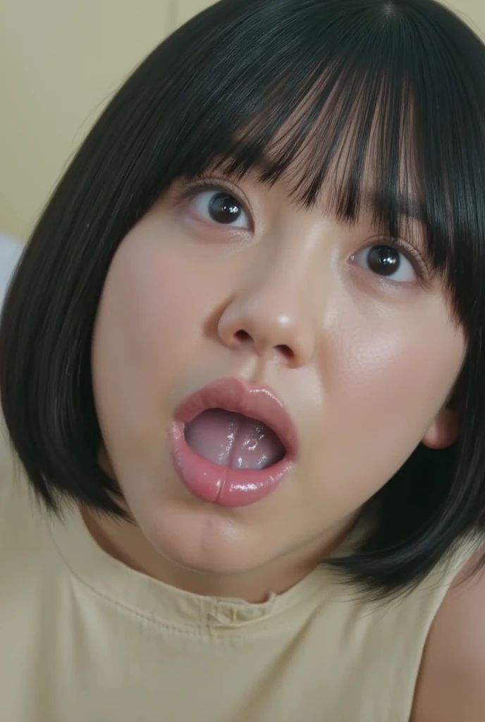 (High resolution:1.3), (16k, Photorealistic, Raw photo, Best image quality: 1.4), Japanese, (One Girl), (Black-haired、short hair:1.3), Beautiful Hairstyles, (Realistic Skin), Beautiful skins, attractive, 超A high resolution, Surreal, High detail, Golden Ratio, Highly detailed cute girl,(20-year-old), Lying in bed, (Close ~ eyes:1.5), (Open your mouth 1.5), (Sticking out tongue:1.2)(Semen in mouth:1.8)