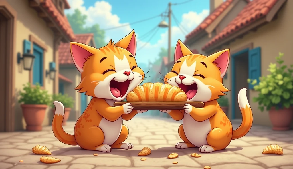Two cats are eating bread in small village. in cartoon form - SeaArt AI