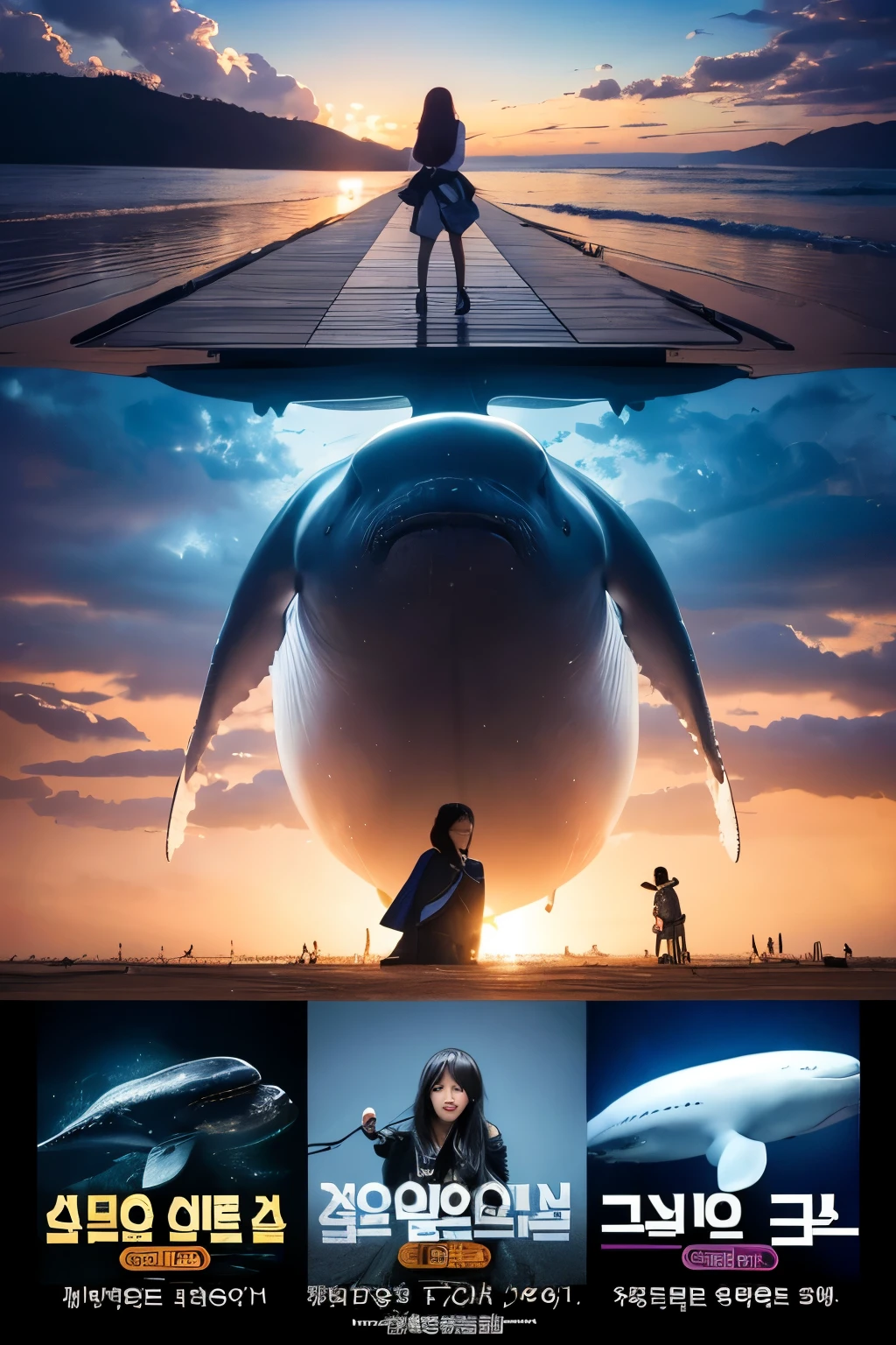 Masterpiece; uhd, ultra photo realistic, a beautiful girl of 20 years old, cute, large breasts, Flying whale in the Sky, Pink Sky with stars, Mountain street, city Metropolis visual
