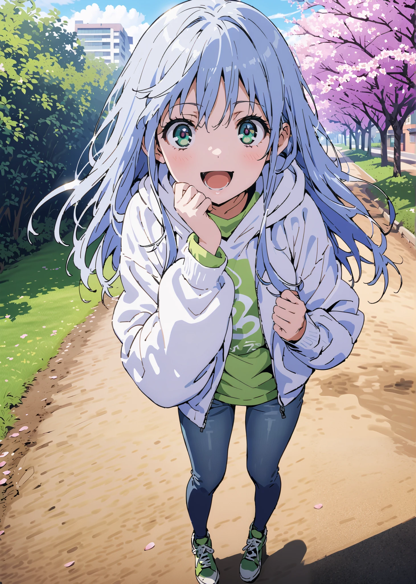 score_9, score_8_up, score_7_up, source_anime, Prohibited bibliography, Alone,green eyes, blue hair, long hair,Baseball hats,short outer jacket,Oversized white hoodie,skinny jeans,sneakers,cherry blossoms,Trail,standing,Beautiful Scenery,smile,cover,opens her mouth,morning,morning日,so that the whole body fits into the illustration, break outdoors, garden,
break looking at viewer,
break (masterpiece:1.2),best quality , kampala, Unity 8K Wallpaper ,(shape:0.8),( fine, beautiful eyes :1.6),It's a person ,full body photo,CG Details , (perfect hands,complete anatomy),
