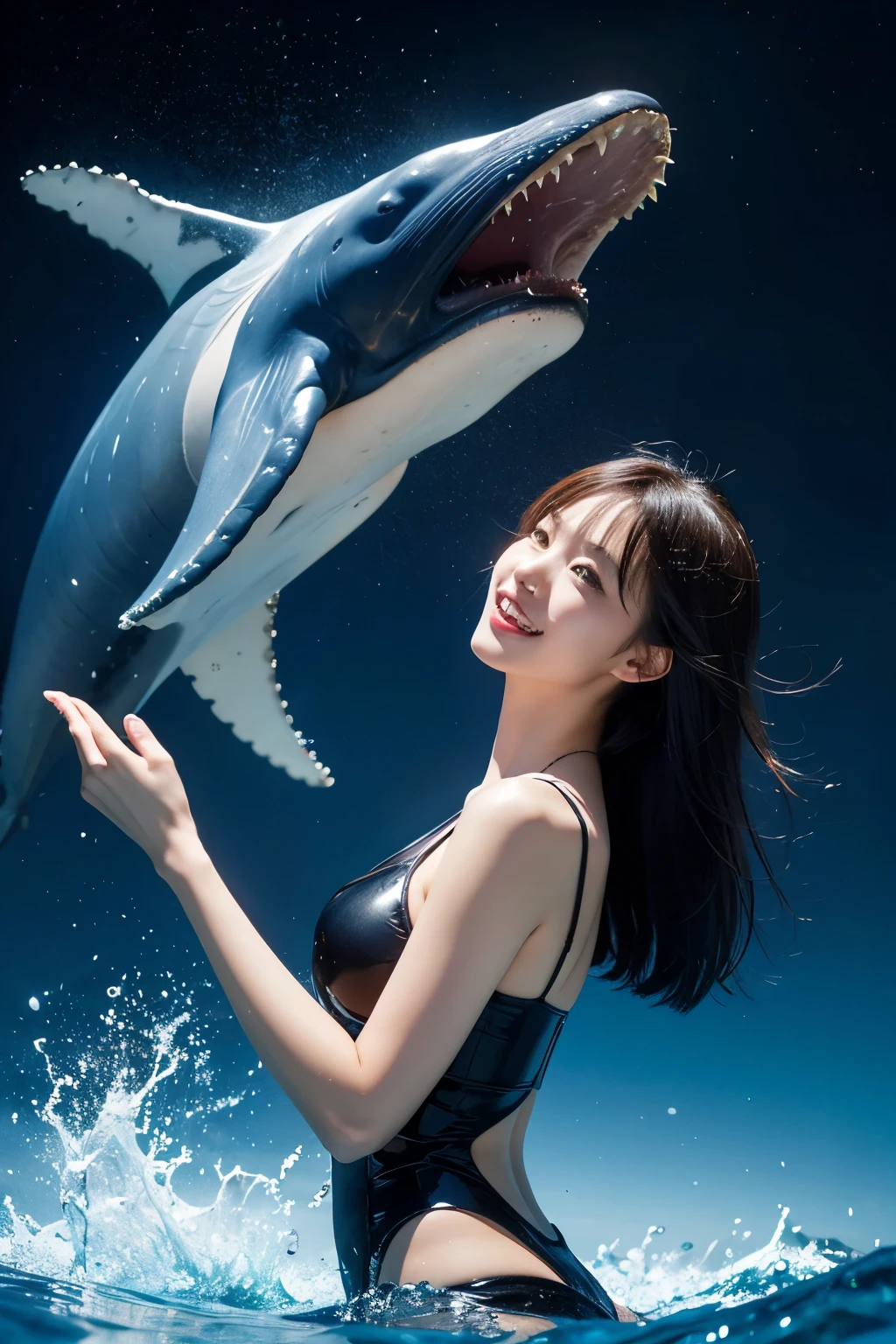 最high quality、Best image quality、masterpiece、With a girl((cute、16 years old、Best Bust、Medium Bust、Beautiful Blue Eyes、Spread your chest wide,Black Hair、Disheveled Hair、thin、Highest Valley、Black Bikini(1:2)、My whole body is wet、swim、Sea Floating、Have a cider))high quality、Beautiful art、background((Sea、deep sea、shark、Space Sky、Whales、Dolphin)),Tabletop、Exquisite design、Visual Arts、Written boundary depth、Best lighting、Highest detail、8k
