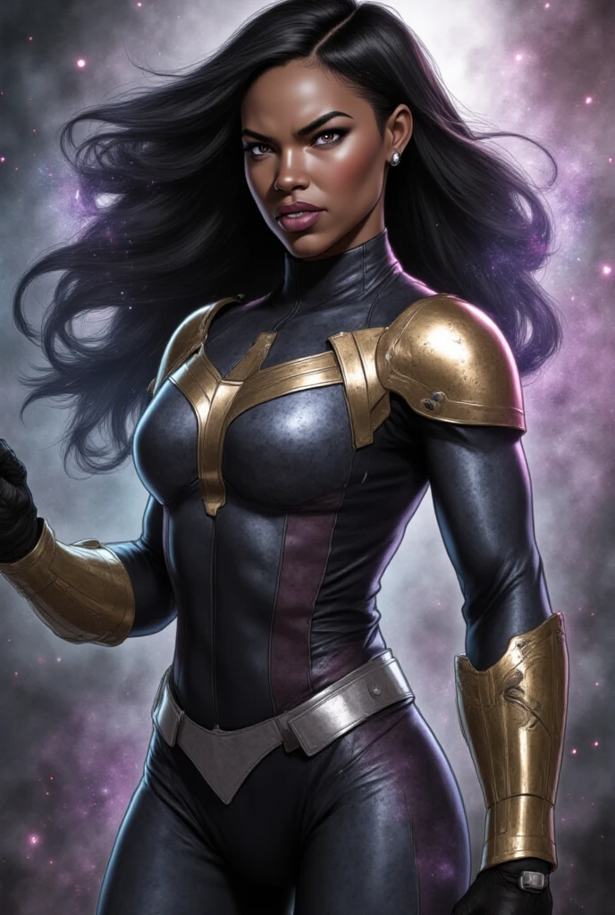 (Official art, masterpiece, best quality, high resolution), ultra-detailed, Generate a dark celestial woman with ((extremely perfect)) eyes and (((pure black galactic skin))). His face is onyx black, but still detailed and impressive, (His face is important and has realistic shading and puffy lips). Its (opaque) eyes are luminous and bright. This is a (((masterpiece))). Use dynamic composition and expressions to create a cinematic experience. The background of the image should be a pure background, leaving the woman as the focal point of the image. ((dark celestial skin body, empty cosmic body)), ornate, feminine cosmic celestial being, with mesmerizing eyes, sinuous curves, and an ethereal glow, beckoning souls towards their darkest desires. kVoidEnergy, particle explosion, light beams, cloud, colorful, starry, stars, This image is attractive with dynamic composition and energetic pose. Include lots of fantasy details such as protrusions, ghostly iridescence, glow, galaxy, cosmos, ((dark celestial skin body, empty cosmic body)), cinematic photo, Pinterest, wallpaper, dramatic shadows, (in a dark fantasy space: 1.3, shine, shine, shine).