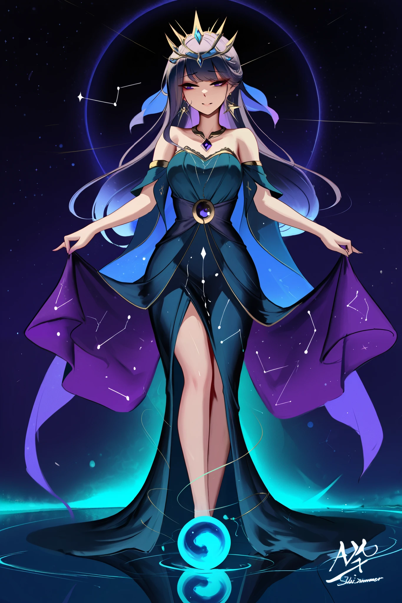 masterpiece, best quality, long, flowing dark purple hair with subtle star-like shimmer, deep violet eyes with a mysterious glow, pale luminescent skin with a faint cosmic aura, a slender and graceful figure, a flowing dress made of translucent fabric resembling water with shifting blue and purple hues, intricate silver constellations embroidered into the dress, a crown-like headpiece shaped like the Eridanus constellation, delicate star-shaped earrings, a necklace with a glowing violet gem, arm cuffs with celestial patterns, a serene and enigmatic expression, a slightly distant gaze, a pose with one hand gently extended as if summoning starlight, a background of a starry night sky with a glowing nebula in shades of blue and purple, floating fragments of stardust, a faint reflection of stars in her eyes, soft ethereal lighting, a cool and mystical color palette, a dreamy and otherworldly atmosphere, a sense of calm and introspection, a blend of elegance and mystery, a flowing cape or scarf that fades into a starry mist, a faint glow around her body, a celestial staff or orb floating nearby, a subtle ripple effect around her feet as if standing on water, a faint silhouette of a river of stars in the background, a mix of sharp and soft textures, a focus on intricate details like the shimmer of her dress and the glow of her accessories, a composition that draws the eye to her as the focal point, a balance of cool cosmic tones and warm highlights, a sense of movement in the background, a magical and ethereal vibe, art by abmayo, art by cian yo