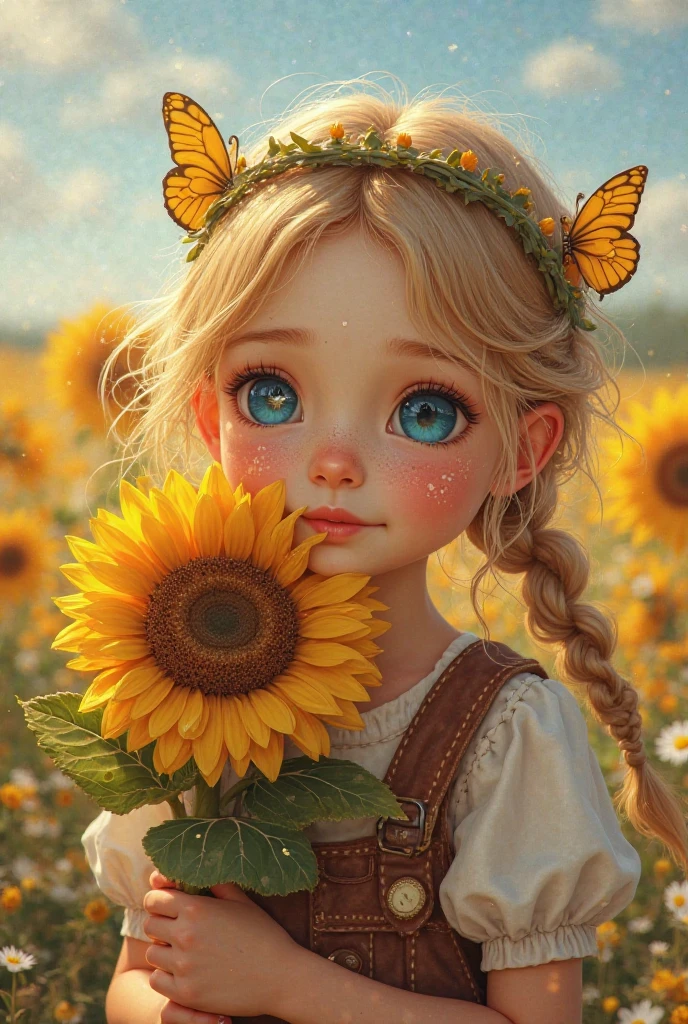 Best picture quality, girl, holding a sunflower in her hand, wearing a sunflower straw hat on her head, a lot of sunflowers around her, wearing a yellow skirt, blue sky and white clouds, half body, excellent picture quality,