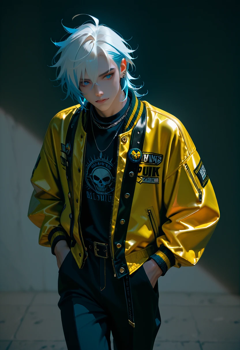 Superb detail, color difference, 1boy, short hair, brunette, messy hair, yellow highlights, hair in one eye, blue eyes, sharp eyes, choker, neon shirt, ripped jeans open coat, against wall, brick wall, graffiti, dim lighting, alley