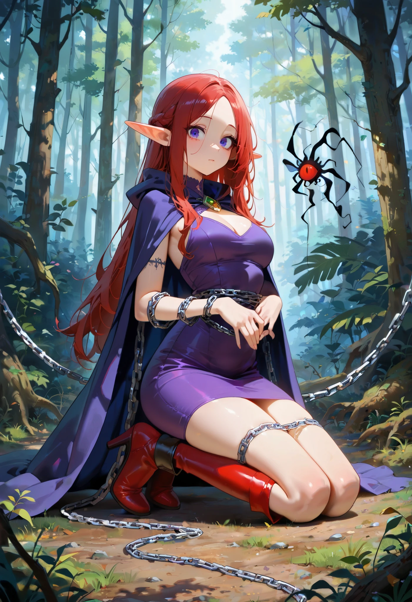 (((Best quality, 8k, Masterpiece: 1.3)), ((best quality)), ((masterpiece)), (detailed), perfect face, perfect body, (detailed skin:1.3), (intricate details), In a dense forest, an elf in a purple dress and a light cape, A long chain wrapped around her arm, A gloomy atmosphere, Full body, long legs, beautiful legs, red long boots, high heels, kneeling