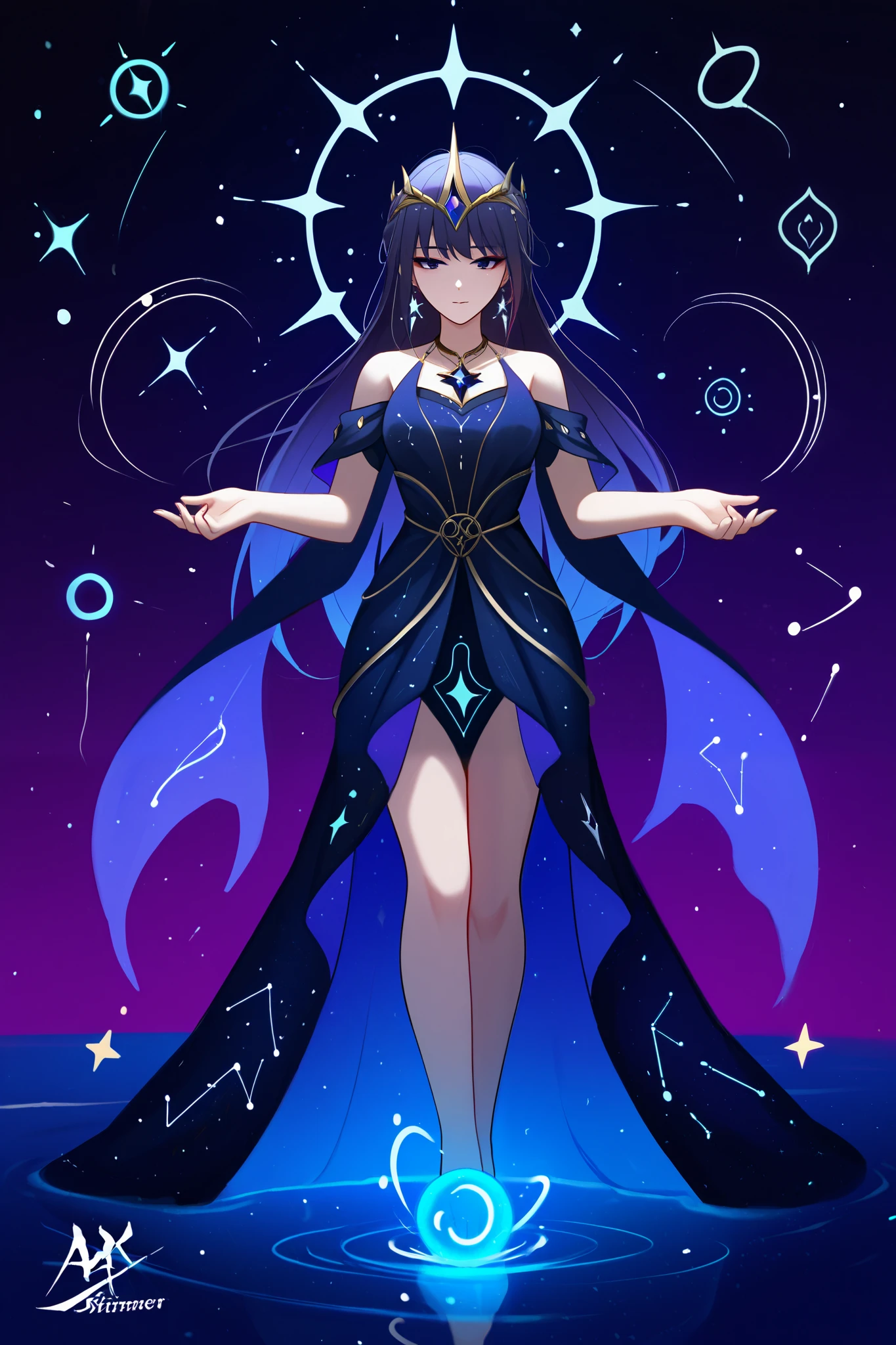 masterpiece, best quality, long, flowing dark purple hair with subtle star-like shimmer, deep violet eyes with a mysterious glow, pale luminescent skin with a faint cosmic aura, a slender and graceful figure, a flowing dress made of translucent fabric resembling water with shifting blue and purple hues, intricate silver constellations embroidered into the dress, a crown-like headpiece shaped like the Eridanus constellation, delicate star-shaped earrings, a necklace with a glowing violet gem, arm cuffs with celestial patterns, a serene and enigmatic expression, a slightly distant gaze, a pose with one hand gently extended as if summoning starlight, a background of a starry night sky with a glowing nebula in shades of blue and purple, floating fragments of stardust, a faint reflection of stars in her eyes, soft ethereal lighting, a cool and mystical color palette, a dreamy and otherworldly atmosphere, a sense of calm and introspection, a blend of elegance and mystery, a flowing cape or scarf that fades into a starry mist, a faint glow around her body, a celestial staff or orb floating nearby, a subtle ripple effect around her feet as if standing on water, a faint silhouette of a river of stars in the background, a mix of sharp and soft textures, a focus on intricate details like the shimmer of her dress and the glow of her accessories, a composition that draws the eye to her as the focal point, a balance of cool cosmic tones and warm highlights, a sense of movement in the background, a magical and ethereal vibe