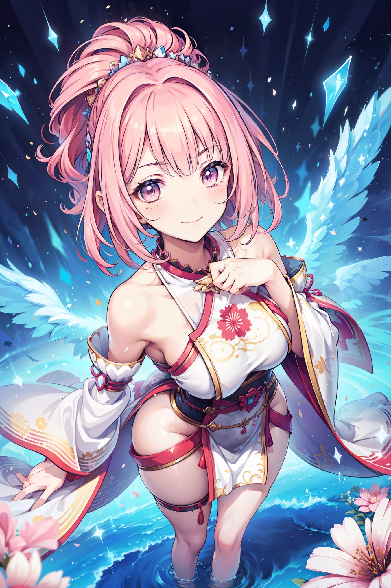 Very detailed CG Unity 8K wallpaper, Cute One lady, Mature pink hair、lady ,beautiful lady, pale skin (Super masterpiece, Beautiful person, well detailed face polluted smile, Photorealistic, hyper realisitic), Colorful winter kimono in pink and white colors、(white fur)、Japanese Style Hair Accessories、smile、Japanese background with light pink flowers and snow、Portrait、(pink eye)、(flat chest:1.2)、(Glowing Skin:1.7)、Detailed eyes、Big eyes、Open your mouth、Hide your arms