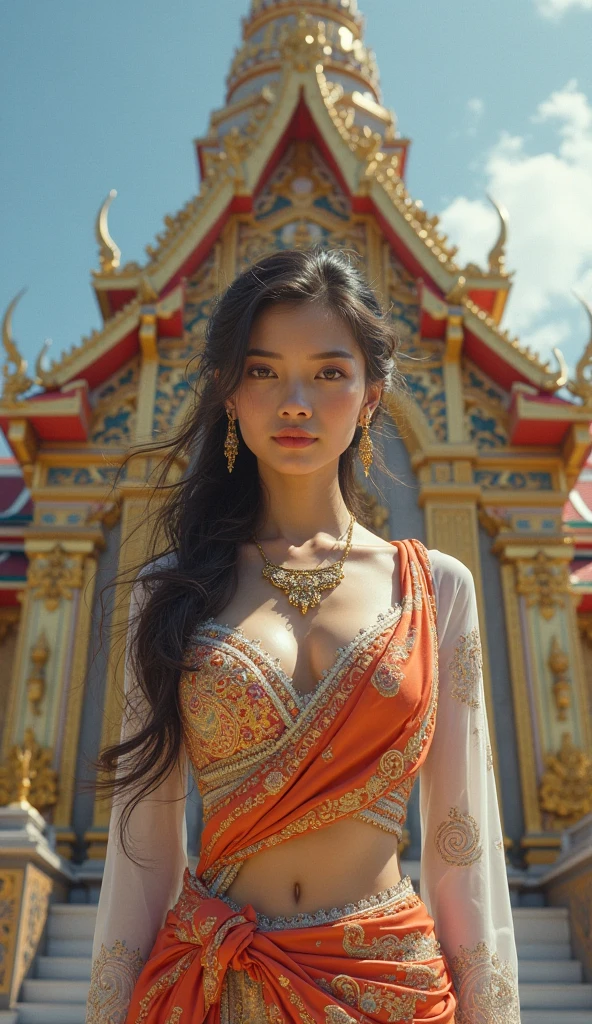 (Realistic, High resolution：1.3), 1 girl with the perfect body, Very detailed face and eyes, long hair, ผิวขาวvery beautiful, Thai style, very beautiful, Facing straight, Stand tall, He is a queen., Wearing Thai armor, gold color, red, Behind him, Increased during the day, There is a beautiful Thai palace-style mansion., Daytime scene, Beautiful CG