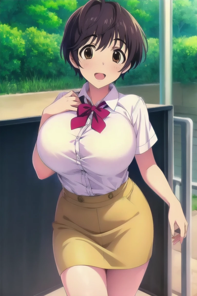 ((Table t○p, highest quality, Hi-Res Lucifer,Anime Screen Capture、Pixel Perfect, 8k、Browsing Caution)))、((Black baseball cap))、Perfect Anatomy、Miyu Kato、(((Maintenance Staff、Chubby、Big Breasts、Wide Hips、Wide Hips、Thick thighs、Place your hand on your chest)))、(((Single Braid Ponytail)))、(((short hair、Long sideburns、Brown Hair)))、(((Lift up your shirt、Navy Blue Leotard、cargo pants)))、Sweat,(Green Eyes)、 ((Embarrassing、smile、blush))、(military base、Hanger、Concrete floor)、