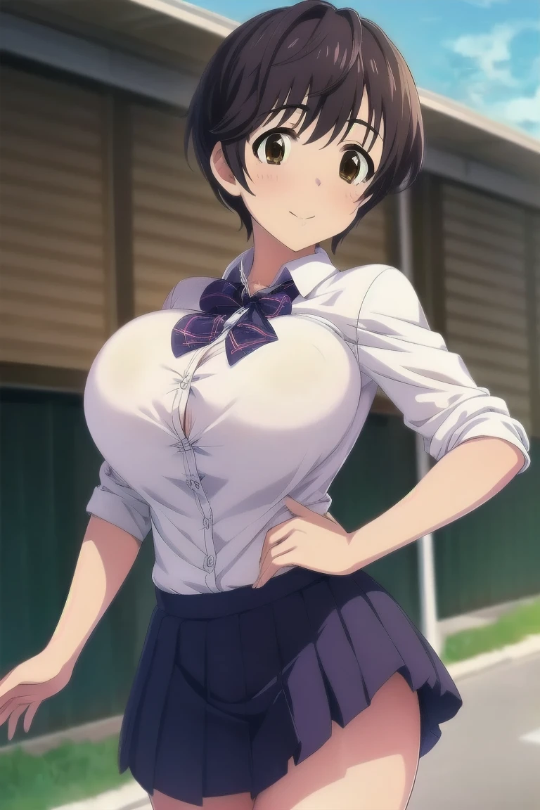 (masterpiece, highest quality, super detailed), (sumika), 1girl, (slim:1.7), short hair, black hair, (big breasts:1.6), raised, Wet , Sweat, beautiful face, (Big eyes:1.5), cute, fog, (school uniform:0.6), (white shits:1.4), (Pleated skirt:1.4) (from side:1.8), JP SCHOOL UNIFORM, JS_ShortSkirt, (micro mini skirt:1.5), at school, window, (full body:1.5), white panty,