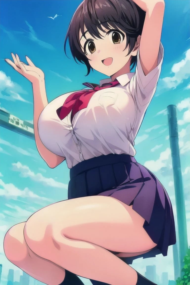 ((Table t○p, highest quality, Hi-Res Lucifer,Anime Screen Capture、Pixel perfect, 8k, nsfw)))、Perfect Anatomy、(((Huge breasts、Wide Hips、Wide ass)))、(((Bobcut、Blunt Bangs)))、(((Skirt flipped up by the wind、White Shirt、Black Mini Skirt、Blue striped panties)))、Hands on Hips、Sweat, vapor,(Yellow Eyes)、((Black Hair)), ((((:d、blush))))、(In town)