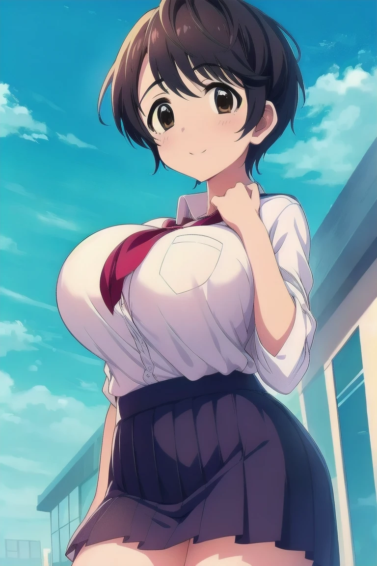 A girl, short hair, straight hair, hazel hair, big eyes, brown eyes, massive breasts, wide hips, thick thighs, fat ass, white shirt, dress shirt, shirt with folded sleeves, long skirt, red skirt, on a farm, green hills, blue sky, white clouds.