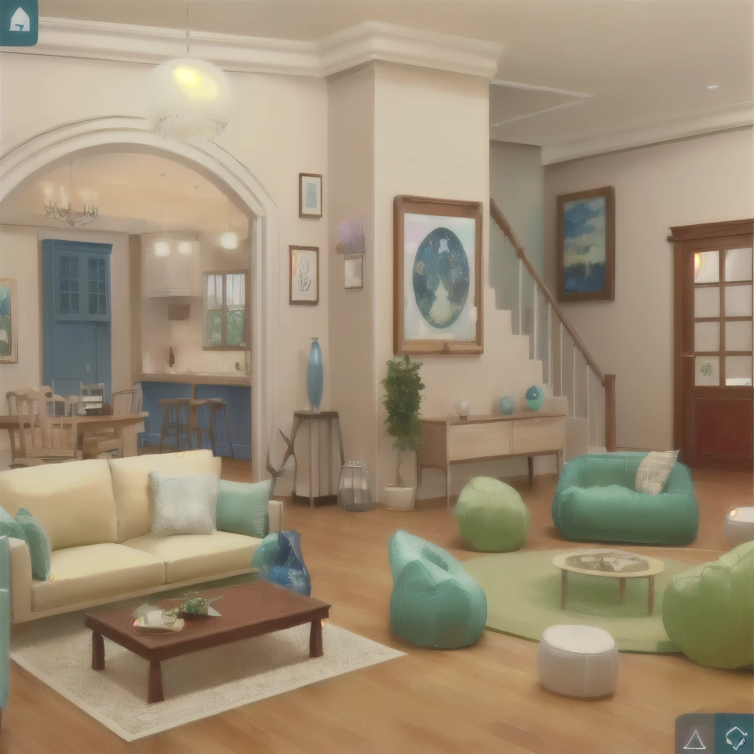 a close up of a living room with a lot of furniture, house interior, interior background art, living room background, in a candy land style house, the living room, relaxing concept art, personal room background, kawaii hq render, in a living room, cozy home background, background art, cozy living room background, style of madhouse studio anime, house background