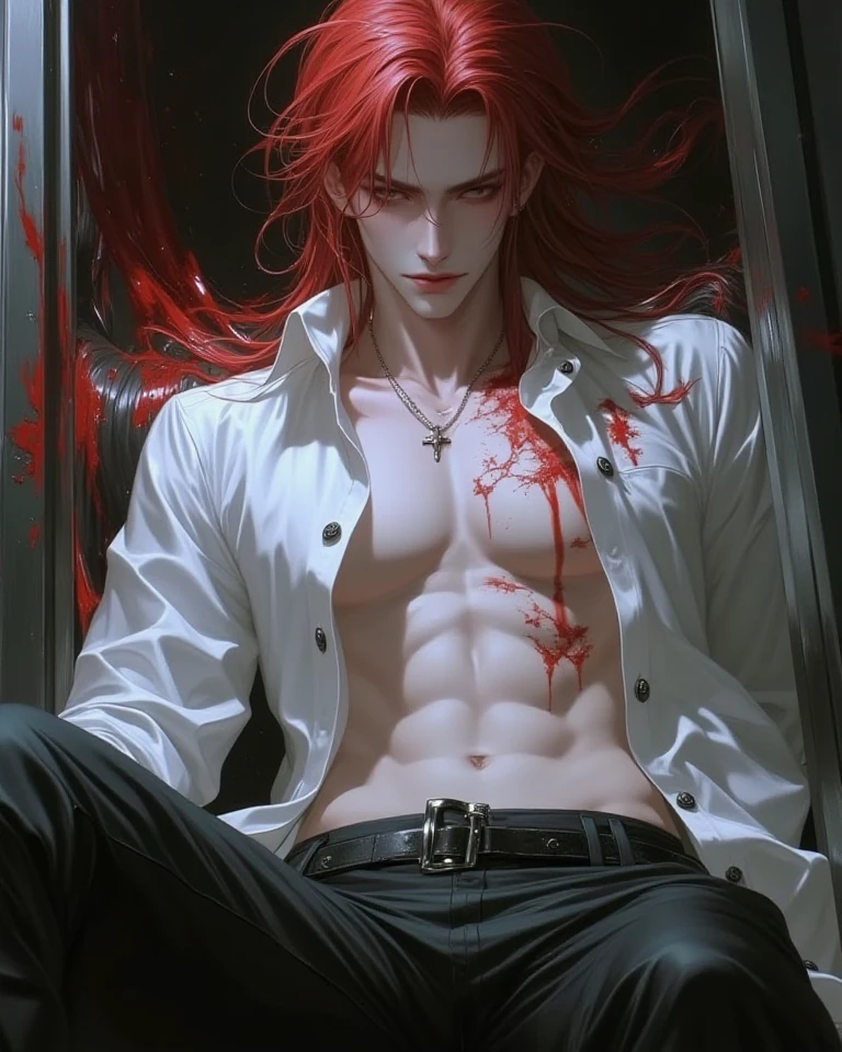 muscular tall Blood God wearing a black fedora, ripped black shirt, long red hair, grey skin, crying blood, grave in background, full body