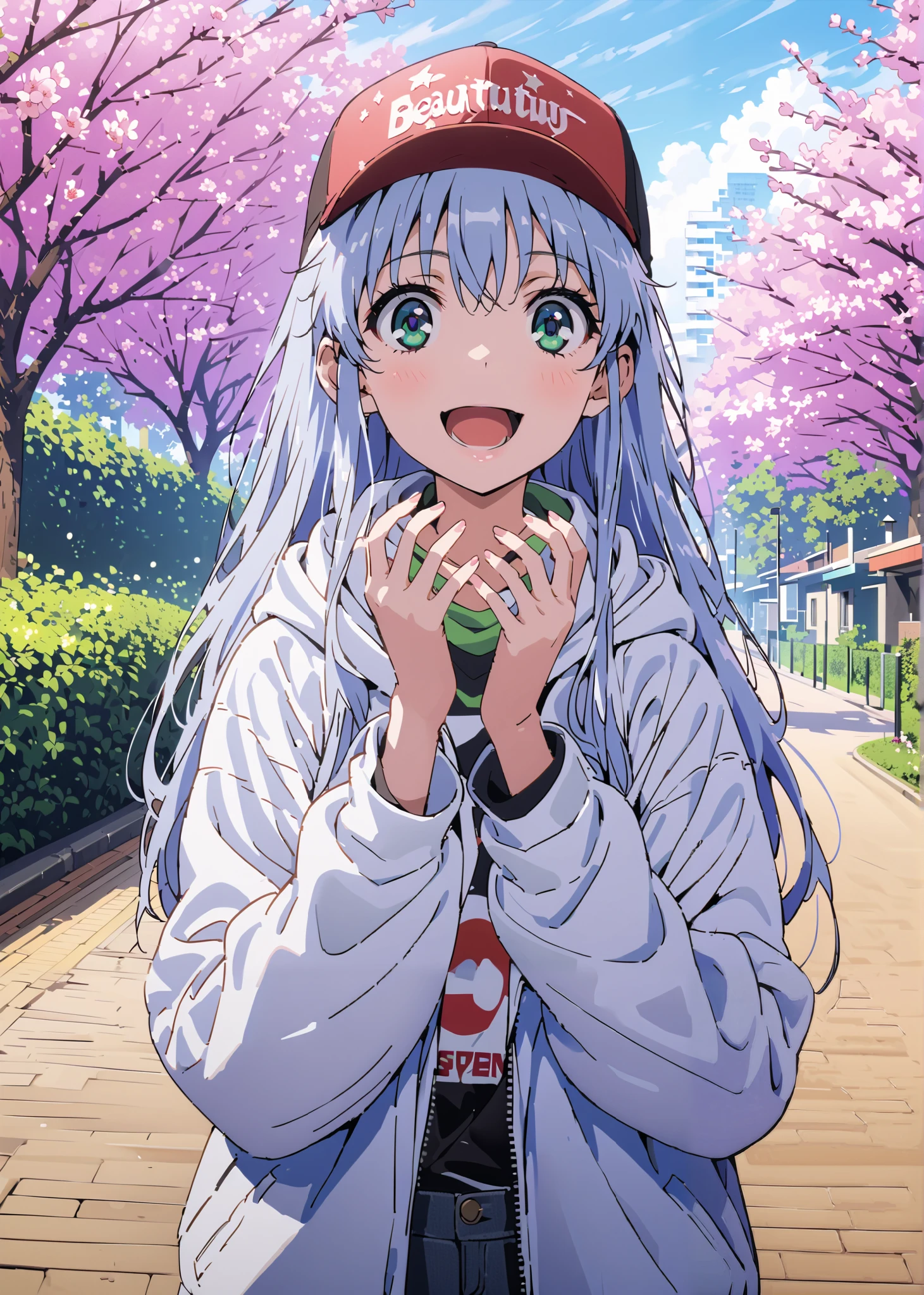 score_9, score_8_up, score_7_up, source_anime, Prohibited bibliography, Alone,green eyes, blue hair, long hair,Baseball hats,short outer jacket,oversized white plain hoodie,skinny jeans,sneakers,cherry blossoms,Trail,standing,Beautiful Scenery,smile,cover,opens her mouth,morning,morning日,so that the whole body fits into the illustration,                       break outdoors, garden,
break looking at viewer,
break (masterpiece:1.2),best quality , kampala, Unity 8K Wallpaper ,(shape:0.8),(  fine, beautiful eyes  :1.6),It's a person ,full body photo,CG Details , (perfect hands,complete anatomy),