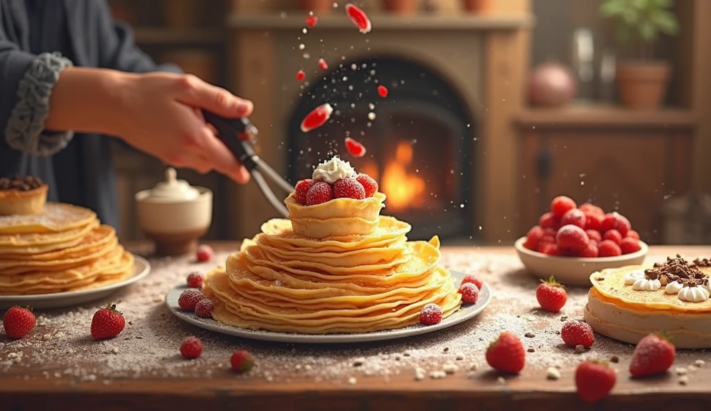 Create a delightful and mouthwatering animation celebrating the "Jour des crêpes." The animation begins with a cozy kitchen scene, where a stack of golden, perfectly cooked crêpes sits on a rustic wooden table. The camera pans over the table, revealing an array of toppings—fresh berries, whipped cream, Nutella, powdered sugar, and syrup—all beautifully arranged. As the scene unfolds, a pair of hands skillfully flips a crêpe in a sizzling pan, sending it soaring into the air before catching it perfectly. The crêpe is then dressed with a variety of toppings, each one added with a playful flourish. The background features a warm, inviting atmosphere with soft lighting, a crackling fireplace, and the subtle sounds of a bustling kitchen. The animation culminates in a close-up of the finished crêpe, beautifully garnished and ready to be enjoyed, with a final shot of a happy family or group of friends gathering around the table to savor the delicious treat. The overall mood is one of warmth, joy, and the simple pleasures of sharing a beloved tradition.