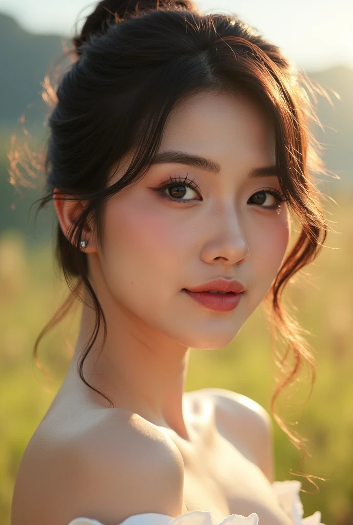 Beautiful Asian goddess，adorable round face，Delicate and elastic skin，Speak with big shining eyes，Two twisted braids，Silky black hair，Stay in the sea，No shoulder strap，One shoulder，white dresses，Lightweight, Thorn material，cropped shoulders，Beautuful Women，Very happy laughter，A shy expression，（Mouth open），White teeth are exposed，Full body appearance，Look up at the perspective，（Side lighting ），（cinema4d），（Movie lighting），（Depth of field effect），（Unreal 5），（tmasterpiece），（8K分辨率），photorealestic，realisticlying