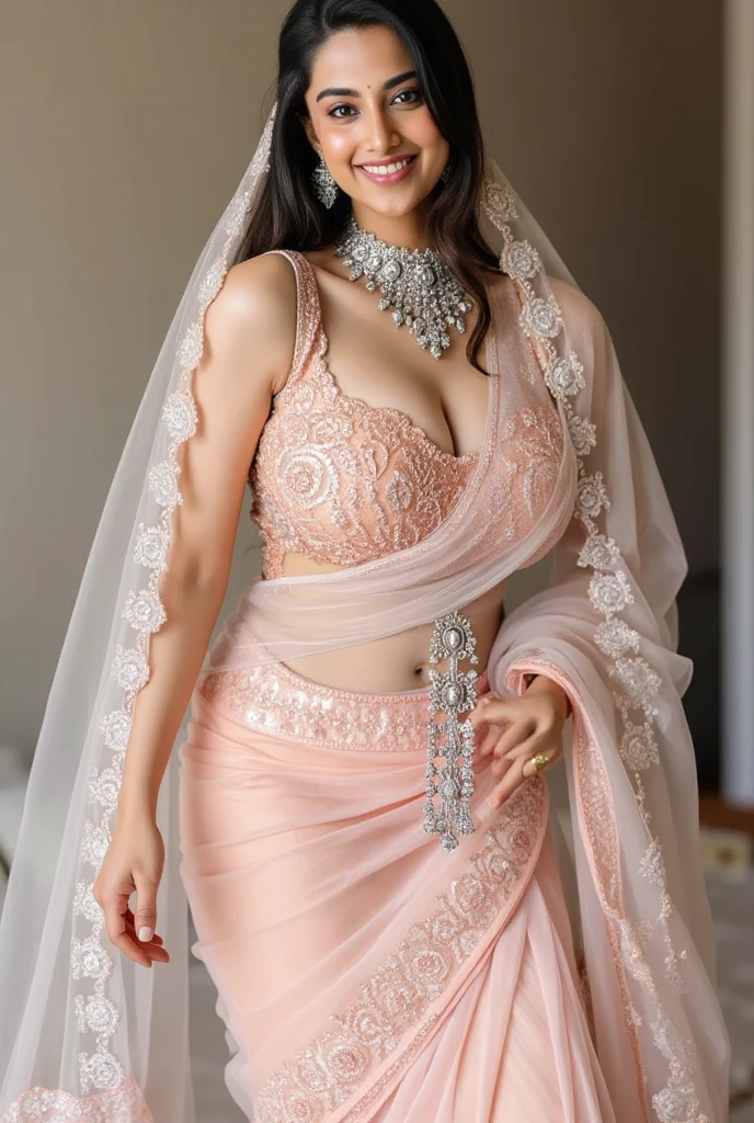 best quality,4k,8k,highres,masterpiece:1.2),ultra-detailed,(realistic,photorealistic,photo-realistic:1.37),Emma Watson in Indian Pink Saree,cute smile,shyness,extremely detailed face and eyes,beautiful detailed lips,soft and smooth light,detailed hands with long slim fingers,detailed costume with intricate patterns,full body view, ((big breast, big hips)), belly show, traditional Indian garden as the background,vibrant colors,HDR lighting,peaceful ambiance,traditional art style,graceful poses,glimmering sakura petals in the air, breast cover by blouse
