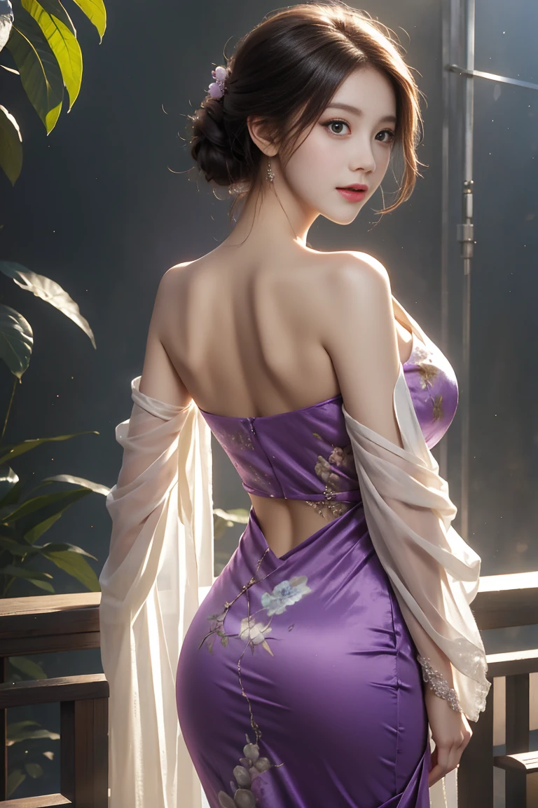 8K、 (Super sexy purple outfit made of shiny silk), Enchanting Girl, Very detailed,Audrey Hepburn, Exquisite decorative details 、Pastel tones 、 Very intricate details 、 Realistic Light,Luxury Bridal Dress,(((sideboob)))、From the side、Elegant cuteness

