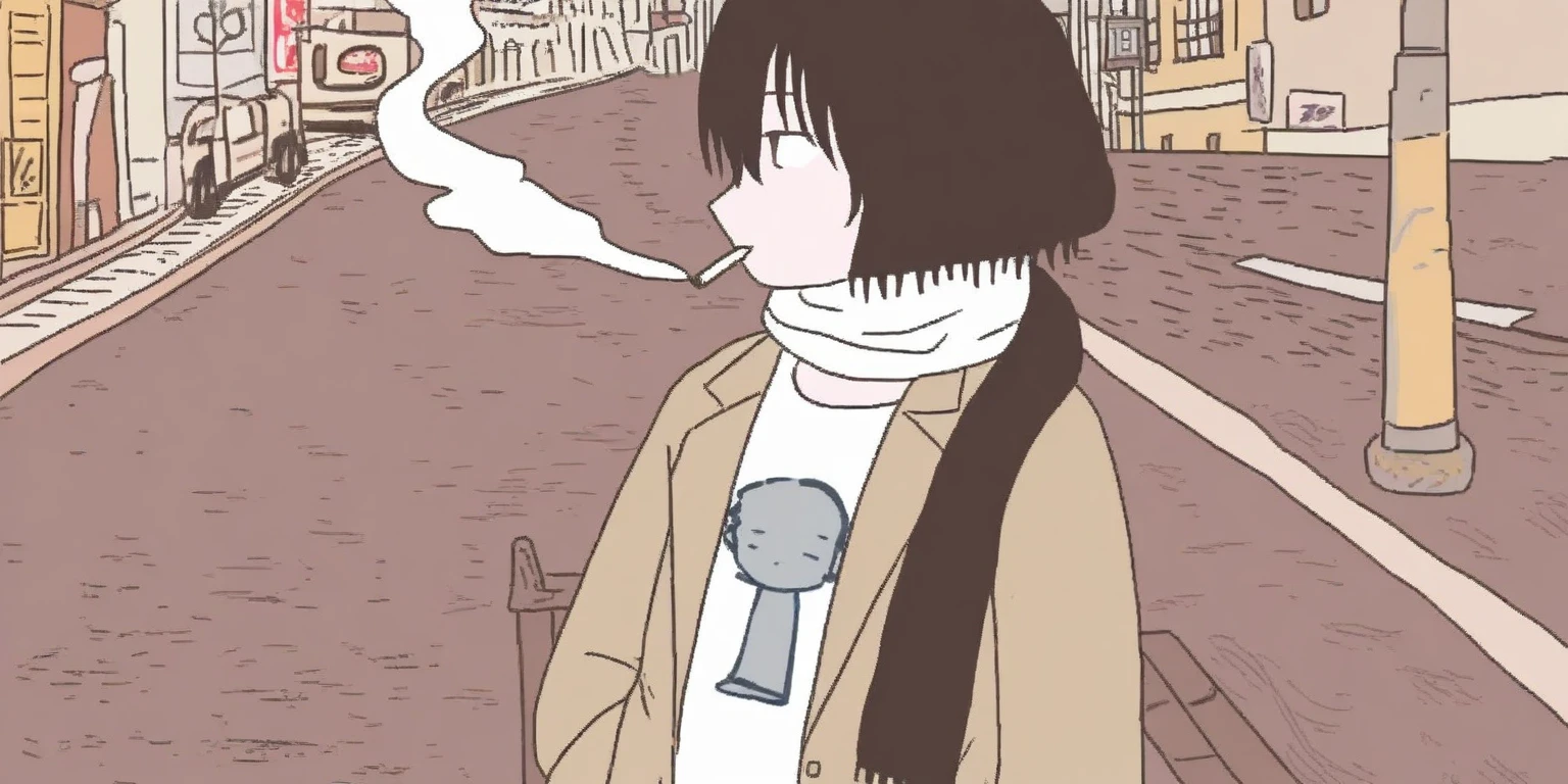 masterpiece, best quality, 1girl, mamerakkkkko, grayscale, manga style, japanese, chi no wadachi, black eyes, street, iced, black hair, schoolbag, smile, lineart, black coat, black scarf, black pleated skirt, leggins, centered, 18 years old, tall, fair skinned, bokeh background,, bob cut, light particles, centered, snowing, (((smoking, cigarette, perfect hand, detailed hand:1.1)), emotional anime scene