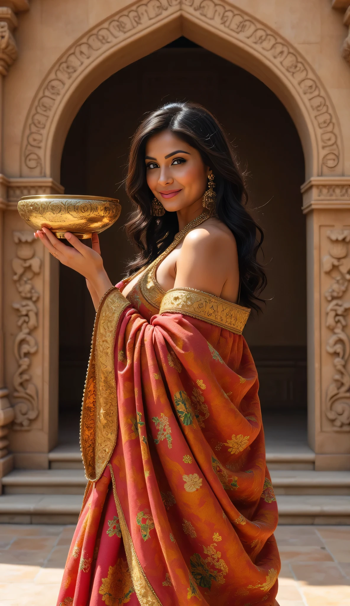 **Prompt:** Step into the enchanting landscapes of the Mahabharata, where an ancient Indian curvy female folk model embodies the spirit of a bygone era. Envision a magnificent temple devoted to the profound concept of the number zero, its towering walls echoing the wisdom of ages past. At the heart of this mystical environment stands the model, delicately raising an exquisitely crafted an oversized empty bowl, inviting viewers to witness her story. Clad in a richly textured, vibrant traditional Indian robe that flows around her with grace, her radiant smile and soft blush evoke a sense of timeless beauty, inviting you to become part of her narrative. The composition boasts perfect harmony, with elegant lines guiding the viewer's eyes toward her, highlighting the rich textures of her shining hair and the elaborate motifs of her attire. Behind her, the temple is adorned with intricately carved an oversized empty bowl, adding depth to the enchanting tale. She is showing inside the empty bowl to viewers. The scene is illuminated by hard ambient lighting, bringing to life every feature—from the finely detailed carvings of the temple to the nuanced expressions of her face—with stunning hyper-realistic clarity. This artistic creation blends classical portraiture with contemporary techniques, reminiscent of the breathtaking 3D artworks found on ArtStation and DeviantArt. Presented in mesmerizing 8K ultra-high-definition, this visual masterpiece beckons viewers to explore the magical intersection of beauty, culture, and history, capturing a moment that transcends time. Highlight keywords such as hyper-realistic, ancient Indian woman, traditional India, intricately carved empty basket, hard ambient lighting, and lifelike detail to elevate this captivating scene.