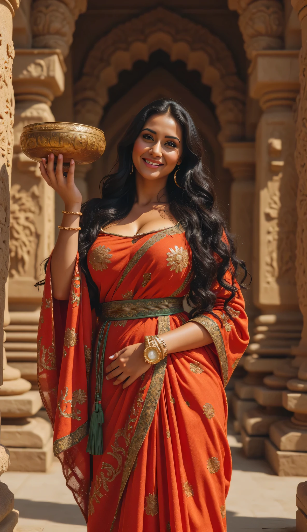 **Prompt:** Step into the enchanting landscapes of the Mahabharata, where an ancient Indian curvy female folk model embodies the spirit of a bygone era. Envision a magnificent temple devoted to the profound concept of the number zero, its towering walls echoing the wisdom of ages past. At the heart of this mystical environment stands the model, delicately raising an exquisitely crafted an oversized empty bowl, inviting viewers to witness her story. Clad in a richly textured, vibrant traditional Indian robe that flows around her with grace, her radiant smile and soft blush evoke a sense of timeless beauty, inviting you to become part of her narrative. The composition boasts perfect harmony, with elegant lines guiding the viewer's eyes toward her, highlighting the rich textures of her shining hair and the elaborate motifs of her attire. Behind her, the temple is adorned with intricately carved an oversized empty bowl, adding depth to the enchanting tale. She is showing inside the empty bowl to viewers. The scene is illuminated by hard ambient lighting, bringing to life every feature—from the finely detailed carvings of the temple to the nuanced expressions of her face—with stunning hyper-realistic clarity. This artistic creation blends classical portraiture with contemporary techniques, reminiscent of the breathtaking 3D artworks found on ArtStation and DeviantArt. Presented in mesmerizing 8K ultra-high-definition, this visual masterpiece beckons viewers to explore the magical intersection of beauty, culture, and history, capturing a moment that transcends time. Highlight keywords such as hyper-realistic, ancient Indian woman, traditional India, intricately carved empty basket, hard ambient lighting, and lifelike detail to elevate this captivating scene.
