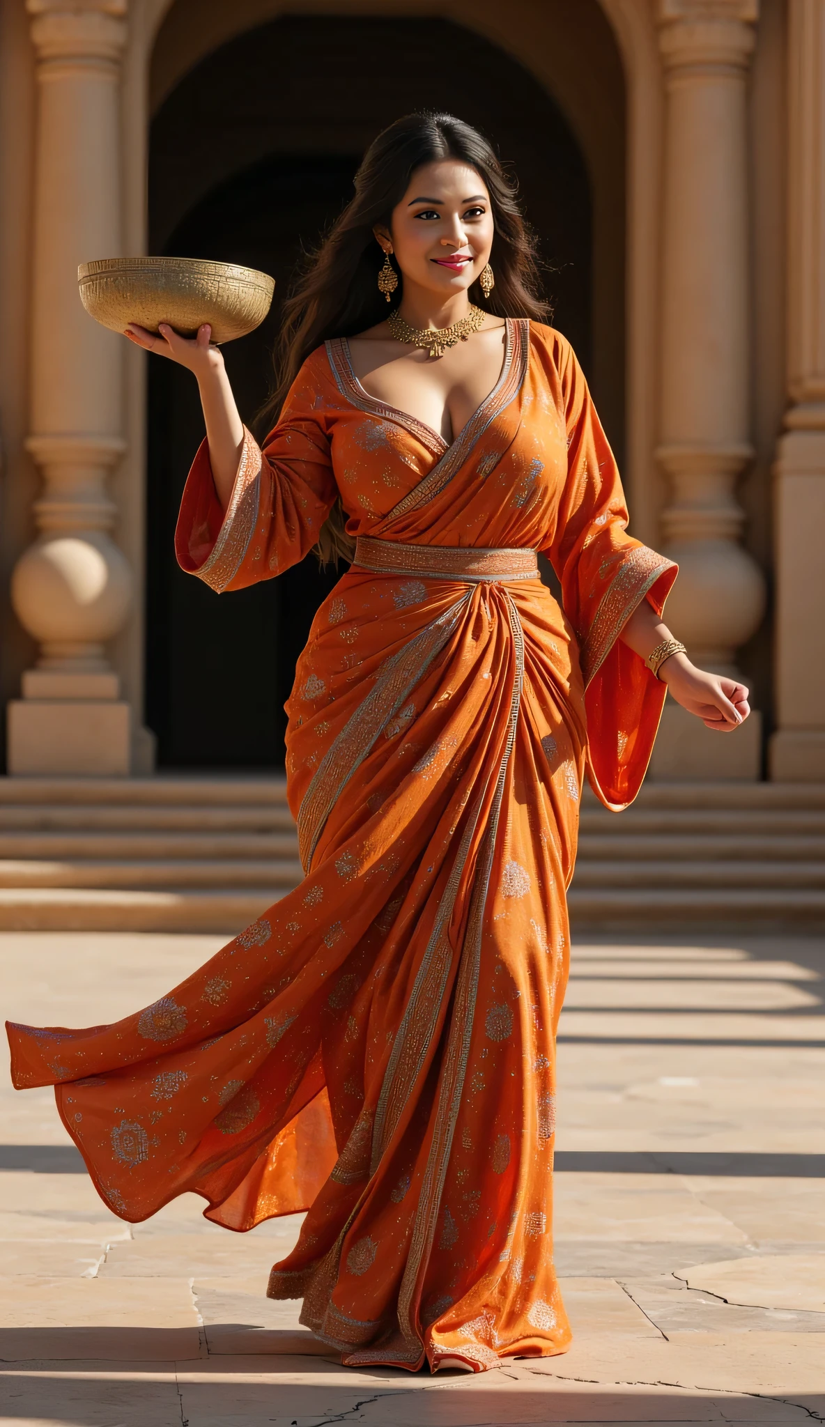 **Prompt:** Step into the enchanting landscapes of the Mahabharata, where an ancient Indian curvy female folk model embodies the spirit of a bygone era. Envision a magnificent temple devoted to the profound concept of the number zero, its towering walls echoing the wisdom of ages past. At the heart of this mystical environment stands the model, delicately raising an exquisitely crafted an oversized empty bowl, inviting viewers to witness her story. Clad in a richly textured, vibrant traditional Indian robe that flows around her with grace, her radiant smile and soft blush evoke a sense of timeless beauty, inviting you to become part of her narrative. The composition boasts perfect harmony, with elegant lines guiding the viewer's eyes toward her, highlighting the rich textures of her shining hair and the elaborate motifs of her attire. Behind her, the temple is adorned with intricately carved an oversized empty bowl, adding depth to the enchanting tale. She is showing inside the empty bowl to viewers. The scene is illuminated by hard ambient lighting, bringing to life every feature—from the finely detailed carvings of the temple to the nuanced expressions of her face—with stunning hyper-realistic clarity. This artistic creation blends classical portraiture with contemporary techniques, reminiscent of the breathtaking 3D artworks found on ArtStation and DeviantArt. Presented in mesmerizing 8K ultra-high-definition, this visual masterpiece beckons viewers to explore the magical intersection of beauty, culture, and history, capturing a moment that transcends time. Highlight keywords such as hyper-realistic, ancient Indian woman, traditional India, intricately carved empty basket, hard ambient lighting, and lifelike detail to elevate this captivating scene.