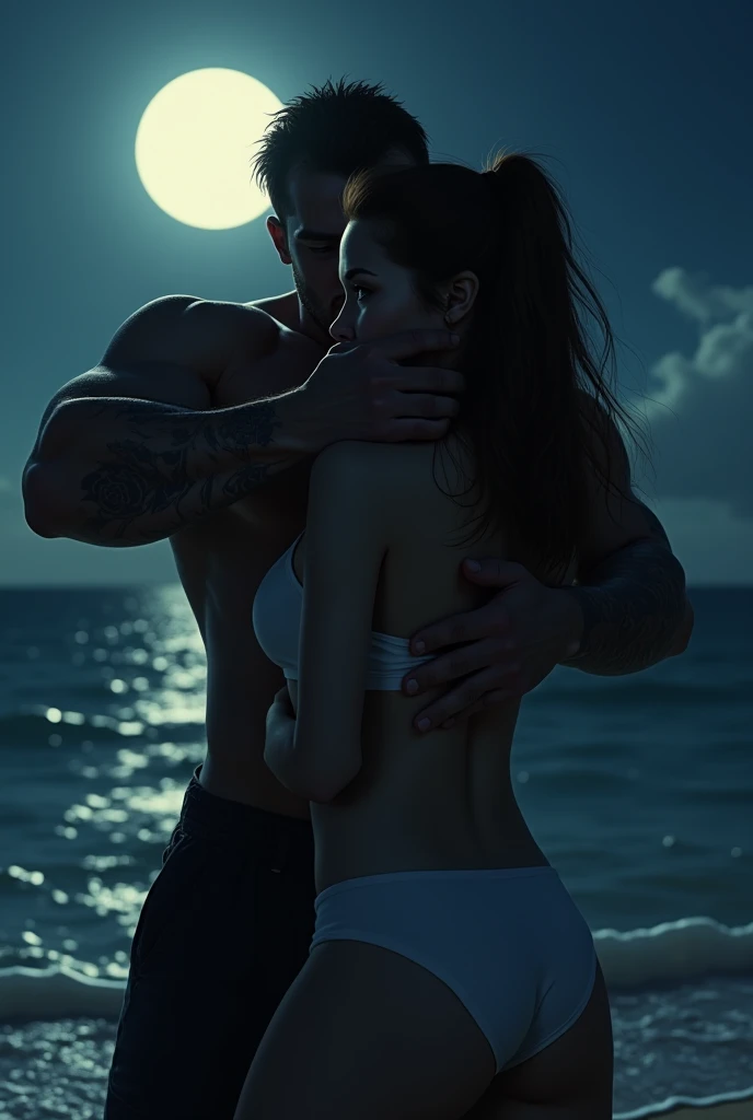 A couple making love on the sand of a deserted beach at night. lying in the sand.
dimly lit night.
