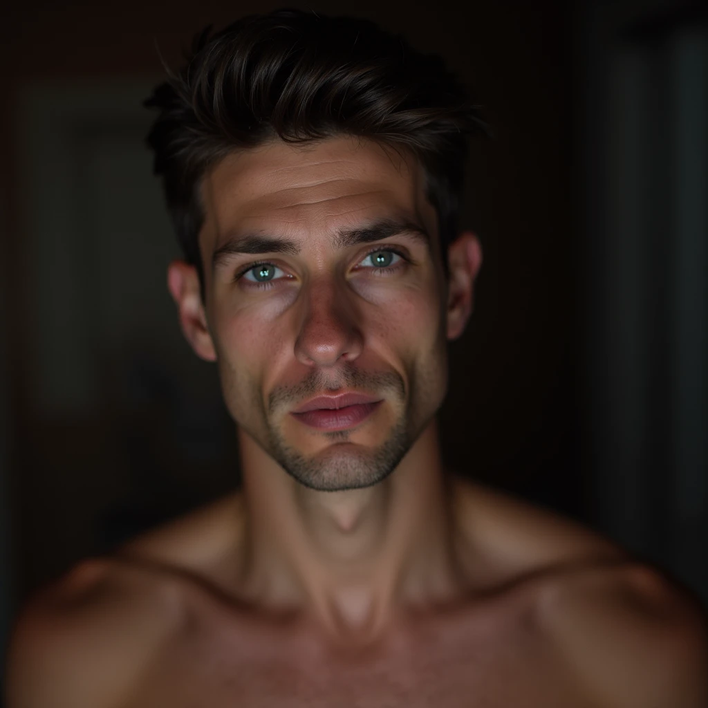 A serene, softly-lit photo of a fit man with a calm expression, illuminated by a warm fill light from the front, highlighting his features and creating a sense of relaxation, in style of Peter Lindbergh.