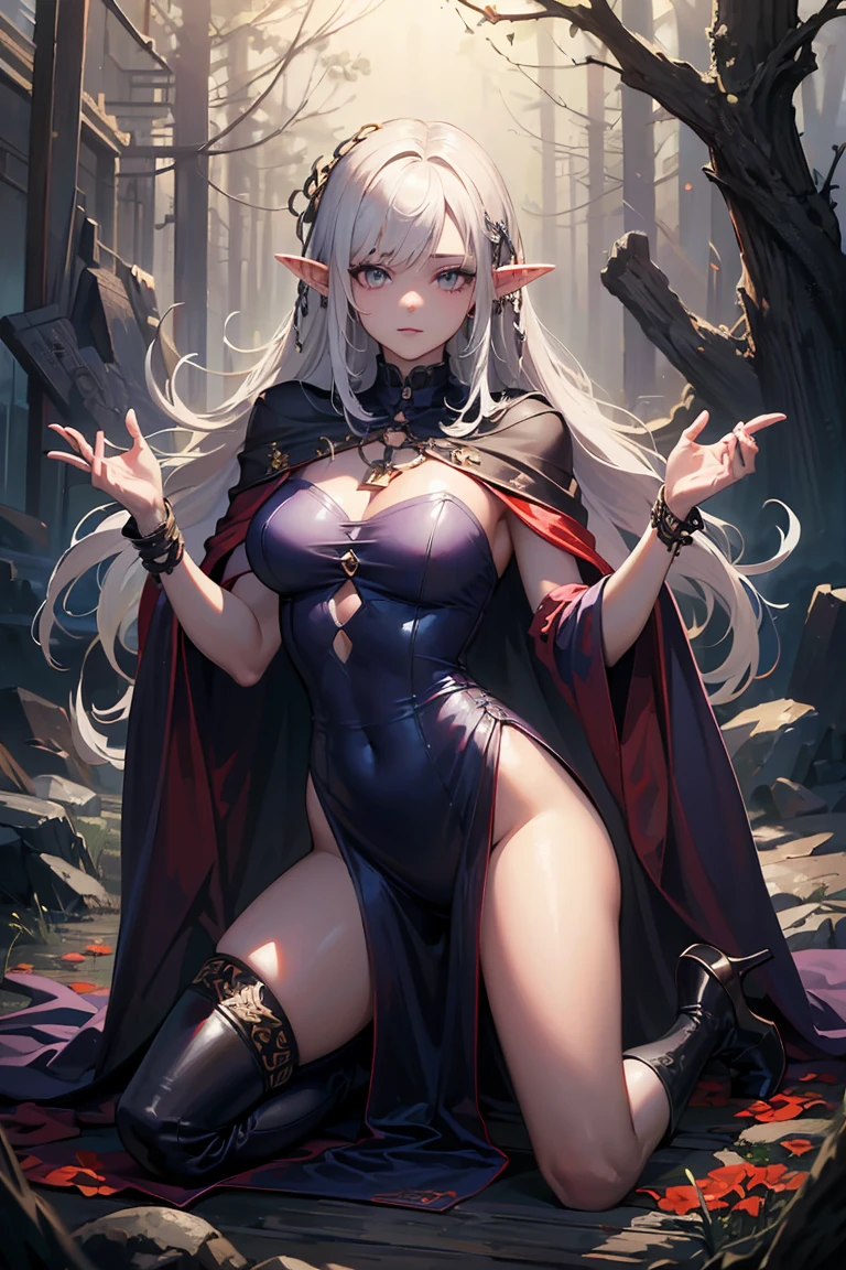 work of art, elf with torn clothes, sexy girl, short white hair, detailed red eyes, seductive pose, thin panties on wet pussy, breasts showing, detailed 5 fingers, 2 arms and 2 legs, rule of thirds, golden ratio , more details XL, better quality, hyper detailed, sharp focus.