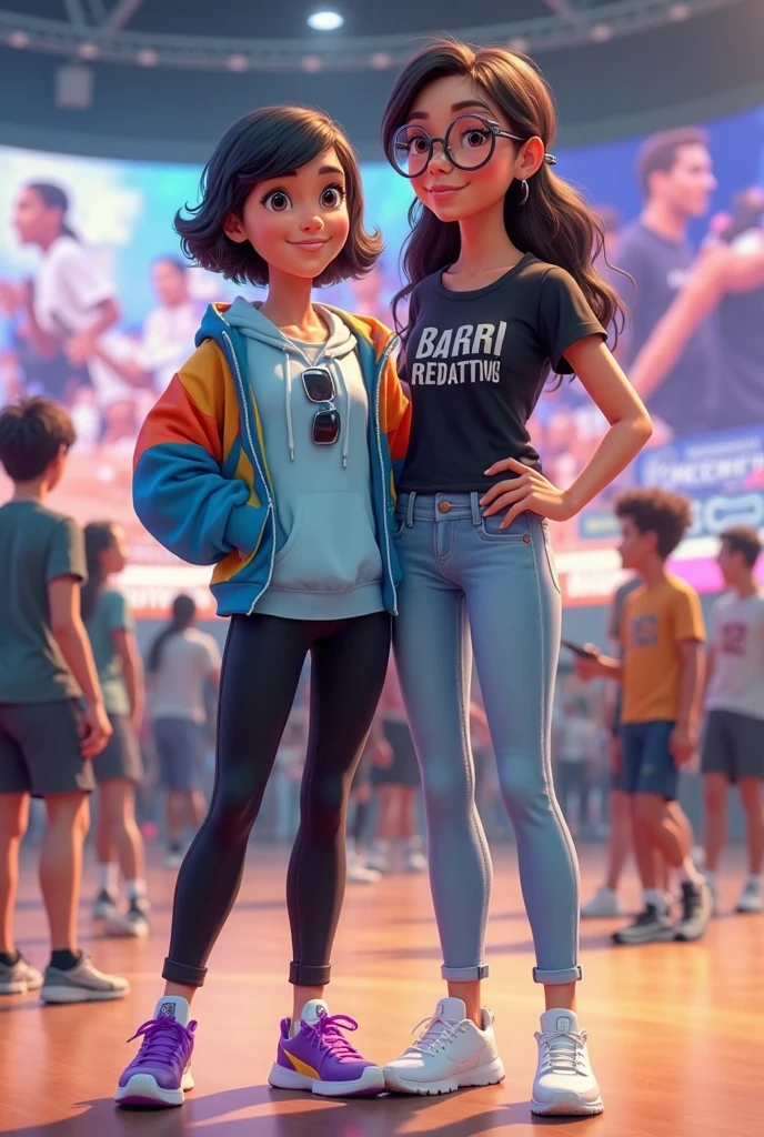 A young girl riding a blue scooter, wearing a casual outfit. She's in a t-shirt and jeans, with a light jacket and sneakers. The background is a busy city street, with cars and people around. Pixar character.