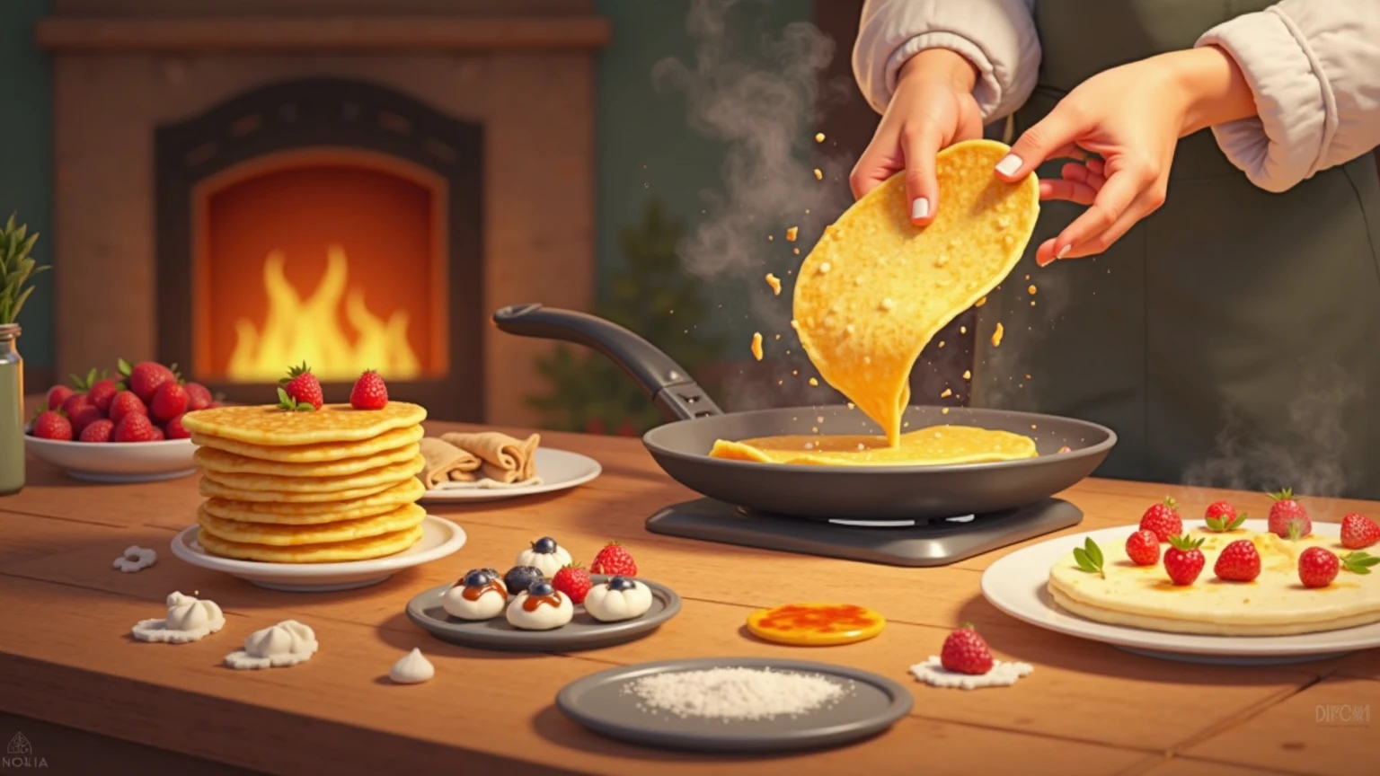 Create a delightful and mouthwatering animation celebrating the "Jour des crêpes." The animation begins with a cozy kitchen scene, where a stack of golden, perfectly cooked crêpes sits on a rustic wooden table. The camera pans over the table, revealing an array of toppings—fresh berries, whipped cream, Nutella, powdered sugar, and syrup—all beautifully arranged. As the scene unfolds, a pair of hands skillfully flips a crêpe in a sizzling pan, sending it soaring into the air before catching it perfectly. The crêpe is then dressed with a variety of toppings, each one added with a playful flourish. The background features a warm, inviting atmosphere with soft lighting, a crackling fireplace, and the subtle sounds of a bustling kitchen. The animation culminates in a close-up of the finished crêpe, beautifully garnished and ready to be enjoyed, with a final shot of a happy family or group of friends gathering around the table to savor the delicious treat. The overall mood is one of warmth, joy, and the simple pleasures of sharing a beloved tradition.