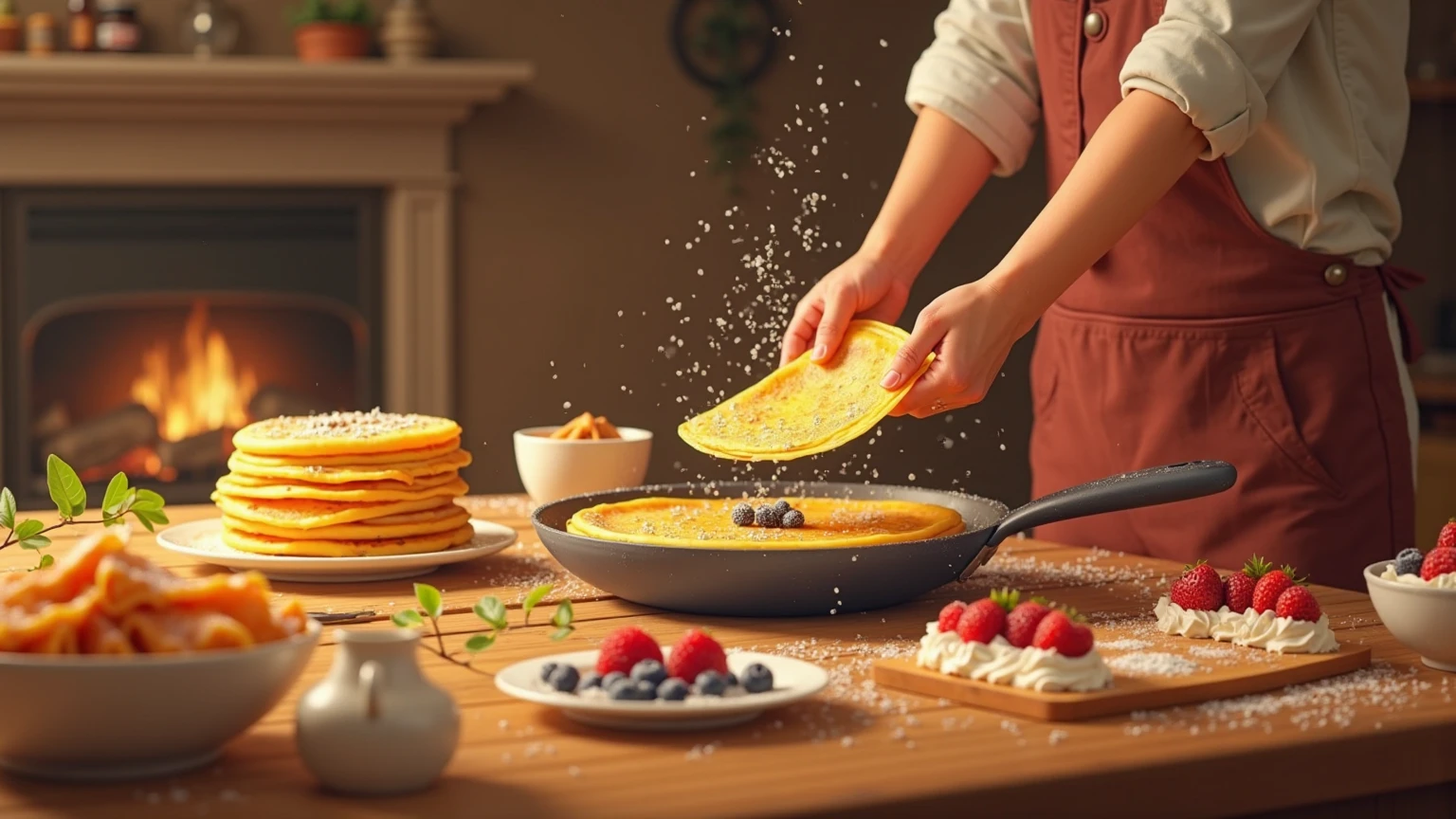 Create a delightful and mouthwatering animation celebrating the "Jour des crêpes." The animation begins with a cozy kitchen scene, where a stack of golden, perfectly cooked crêpes sits on a rustic wooden table. The camera pans over the table, revealing an array of toppings—fresh berries, whipped cream, Nutella, powdered sugar, and syrup—all beautifully arranged. As the scene unfolds, a pair of hands skillfully flips a crêpe in a sizzling pan, sending it soaring into the air before catching it perfectly. The crêpe is then dressed with a variety of toppings, each one added with a playful flourish. The background features a warm, inviting atmosphere with soft lighting, a crackling fireplace, and the subtle sounds of a bustling kitchen. The animation culminates in a close-up of the finished crêpe, beautifully garnished and ready to be enjoyed, with a final shot of a happy family or group of friends gathering around the table to savor the delicious treat. The overall mood is one of warmth, joy, and the simple pleasures of sharing a beloved tradition.