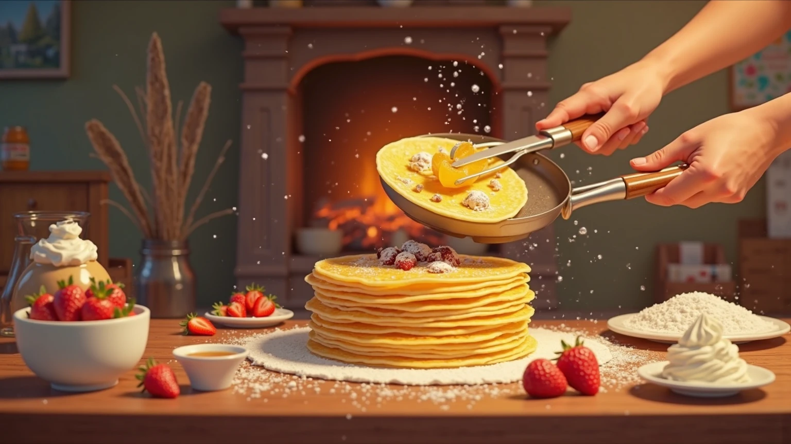 Create a delightful and mouthwatering animation celebrating the "Jour des crêpes." The animation begins with a cozy kitchen scene, where a stack of golden, perfectly cooked crêpes sits on a rustic wooden table. The camera pans over the table, revealing an array of toppings—fresh berries, whipped cream, Nutella, powdered sugar, and syrup—all beautifully arranged. As the scene unfolds, a pair of hands skillfully flips a crêpe in a sizzling pan, sending it soaring into the air before catching it perfectly. The crêpe is then dressed with a variety of toppings, each one added with a playful flourish. The background features a warm, inviting atmosphere with soft lighting, a crackling fireplace, and the subtle sounds of a bustling kitchen. The animation culminates in a close-up of the finished crêpe, beautifully garnished and ready to be enjoyed, with a final shot of a happy family or group of friends gathering around the table to savor the delicious treat. The overall mood is one of warmth, joy, and the simple pleasures of sharing a beloved tradition.