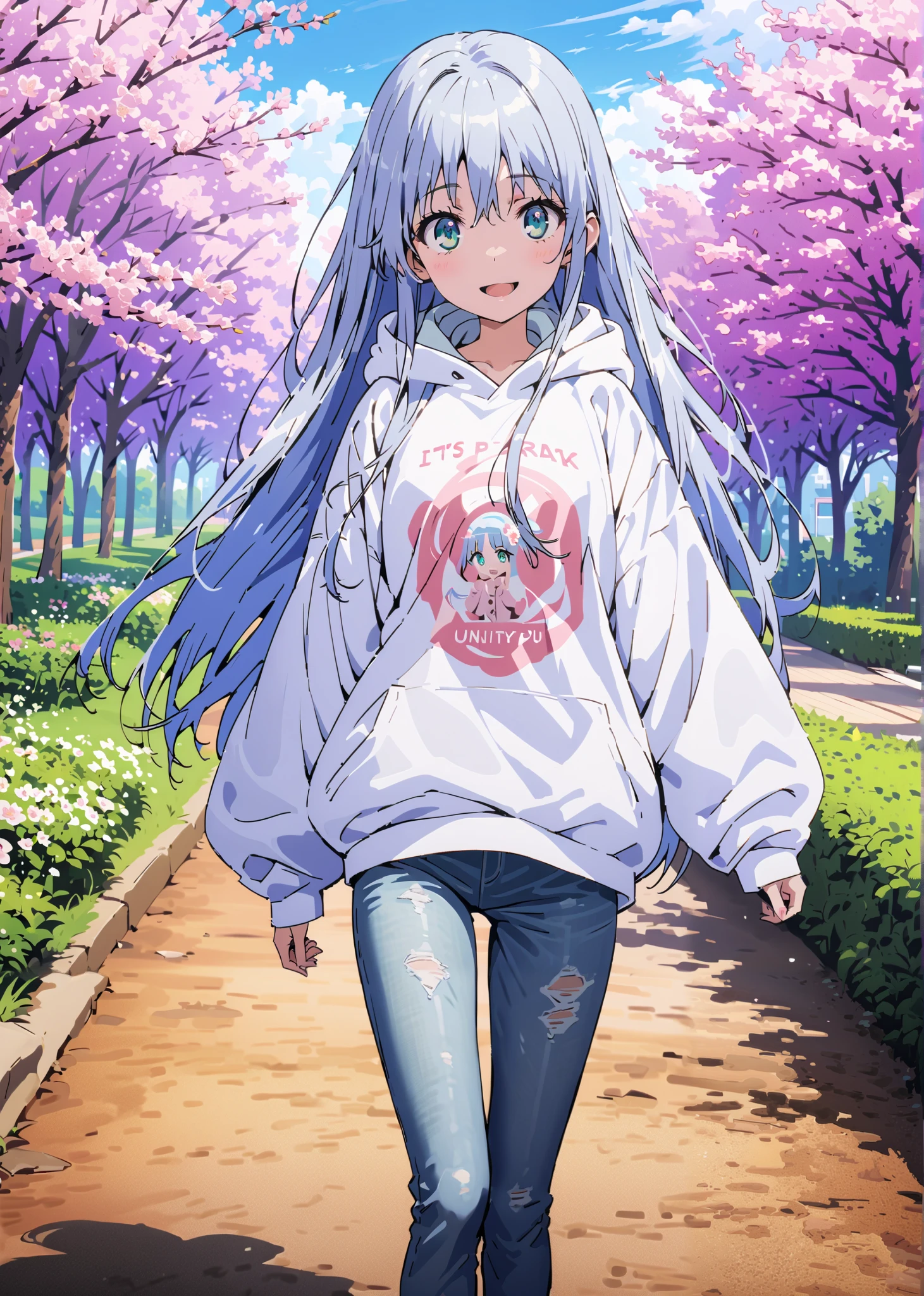score_9, score_8_up, score_7_up, source_anime, Prohibited bibliography, Alone,green eyes, blue hair, long hair,Baseball hats,short outer jacket,oversized white plain hoodie,skinny jeans,sneakers,cherry blossoms,Trail,standing,Beautiful Scenery,smile,cover,opens her mouth,morning,morning日,so that the whole body fits into the illustration, break outdoors, garden,
break looking at viewer,
break (masterpiece:1.2),best quality , kampala, Unity 8K Wallpaper ,(shape:0.8),( fine, beautiful eyes :1.6),It's a person ,full body photo,CG Details , (perfect hands,complete anatomy),