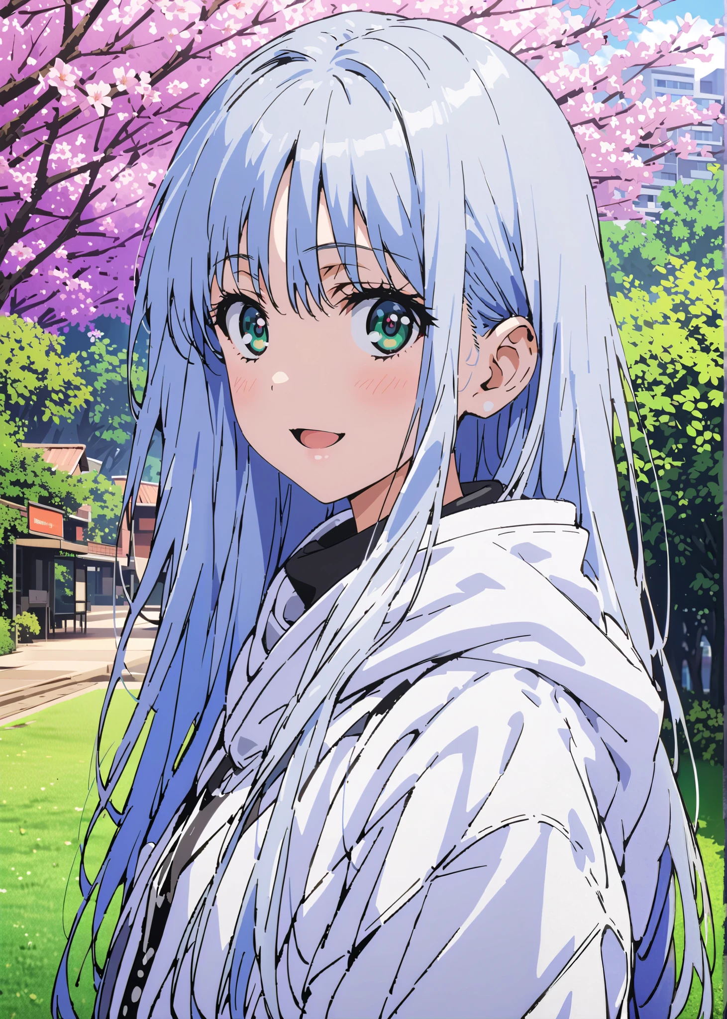 score_9, score_8_up, score_7_up, source_anime, Prohibited bibliography, Alone,green eyes, blue hair, long hair,Baseball hats,short outer jacket,oversized white plain hoodie,skinny jeans,sneakers,cherry blossoms,Trail,standing,Beautiful Scenery,smile,cover,opens her mouth,morning,morning日,so that the whole body fits into the illustration, break outdoors, garden,
break looking at viewer,
break (masterpiece:1.2),best quality , kampala, Unity 8K Wallpaper ,(shape:0.8),( fine, beautiful eyes :1.6),It's a person ,full body photo,CG Details , (perfect hands,complete anatomy),