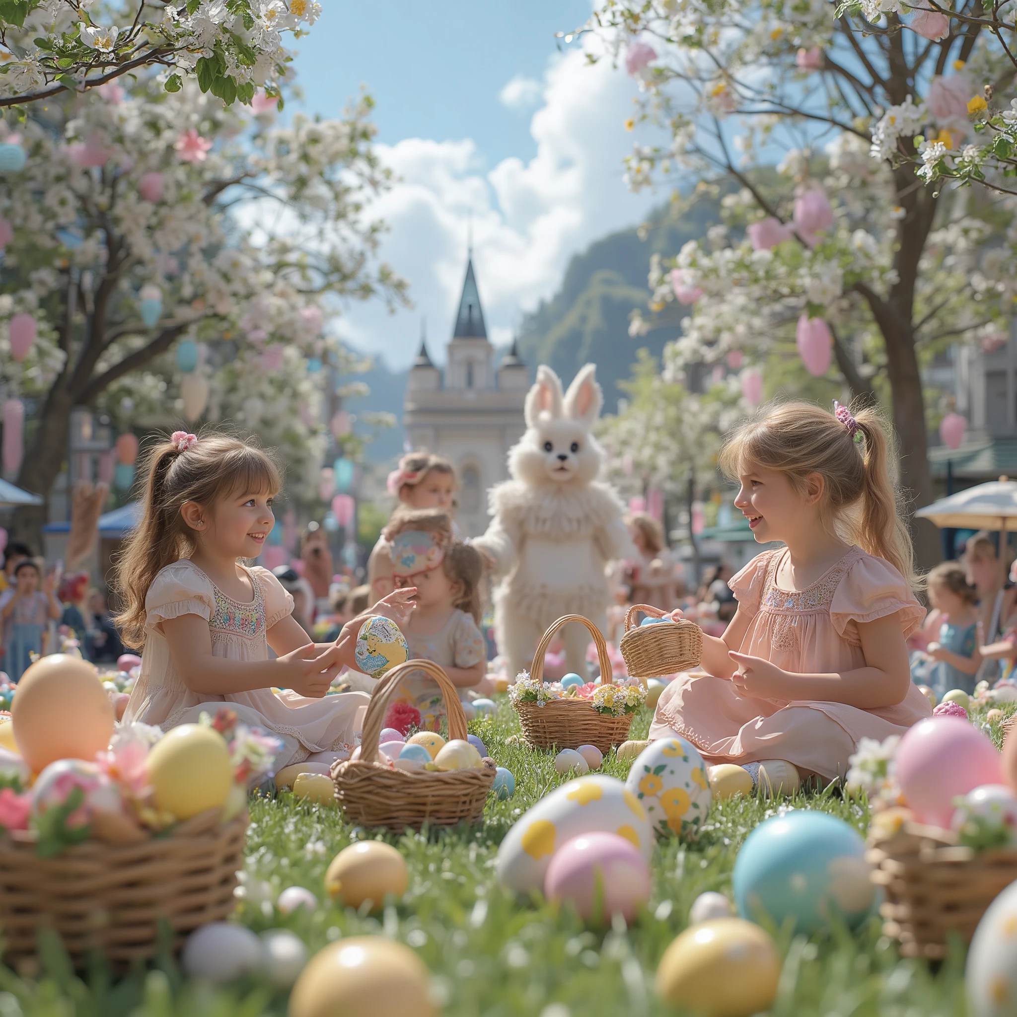 A highly detailed, ultra-realistic 3D rendering of an Easter festival in a lively town square. Families and ren are celebrating with smiles and laughter, participating in an Easter egg hunt among beautifully decorated baskets filled with colorful eggs. People of all ages are dressed in festive spring attire, enjoying outdoor games, face painting, and traditional Easter treats. The setting features a bright blue sky, blooming flowers, and pastel-colored decorations hanging from trees and lampposts. In the background, a grand Easter parade with performers in bunny costumes and musicians playing joyful melodies adds to the festive atmosphere. The lighting is warm and natural, capturing the vibrant energy of the celebration.