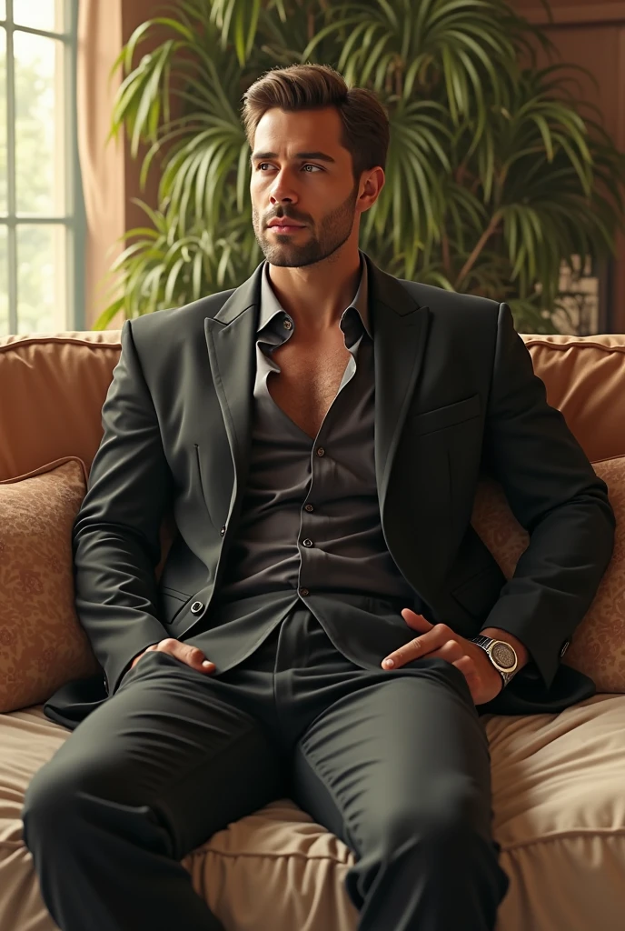 Handsome, thin face, short hair, stubble, hairy breasts! A muscular suit! Slightly open your mouth! Wang Jiawei's film technique, the glass has a reflection! A man in a suit and trousers!! Dark living room with a single light source! A sporty Alafid man lying lazily on the sofa, Inch, flat, short hair, three-point head, Asian male, tall (flat-headed buzzing cutting sound) model uses Song Chengxian & # handsome sitting posture relaxed after a hard day, beard scum! Unruly! Sense of art! Comfortable atmosphere! Wearing a black custom-made suit, handsome Song Chengxian, mood at night, full-length photo, wearing a dark gray high-end suit,! Realistic skin texture! Amazing composition! Award-winning movie! Poster masterpiece! 8k! Single-eye background scattering 1.8 Correct human ???????! Low-angle shooting, crazy details, whole body including feet, bare feet Correct human limbs!!! The background i finely portrayed toes! Finely portrayed fingers! S the night view of the city outside the window.