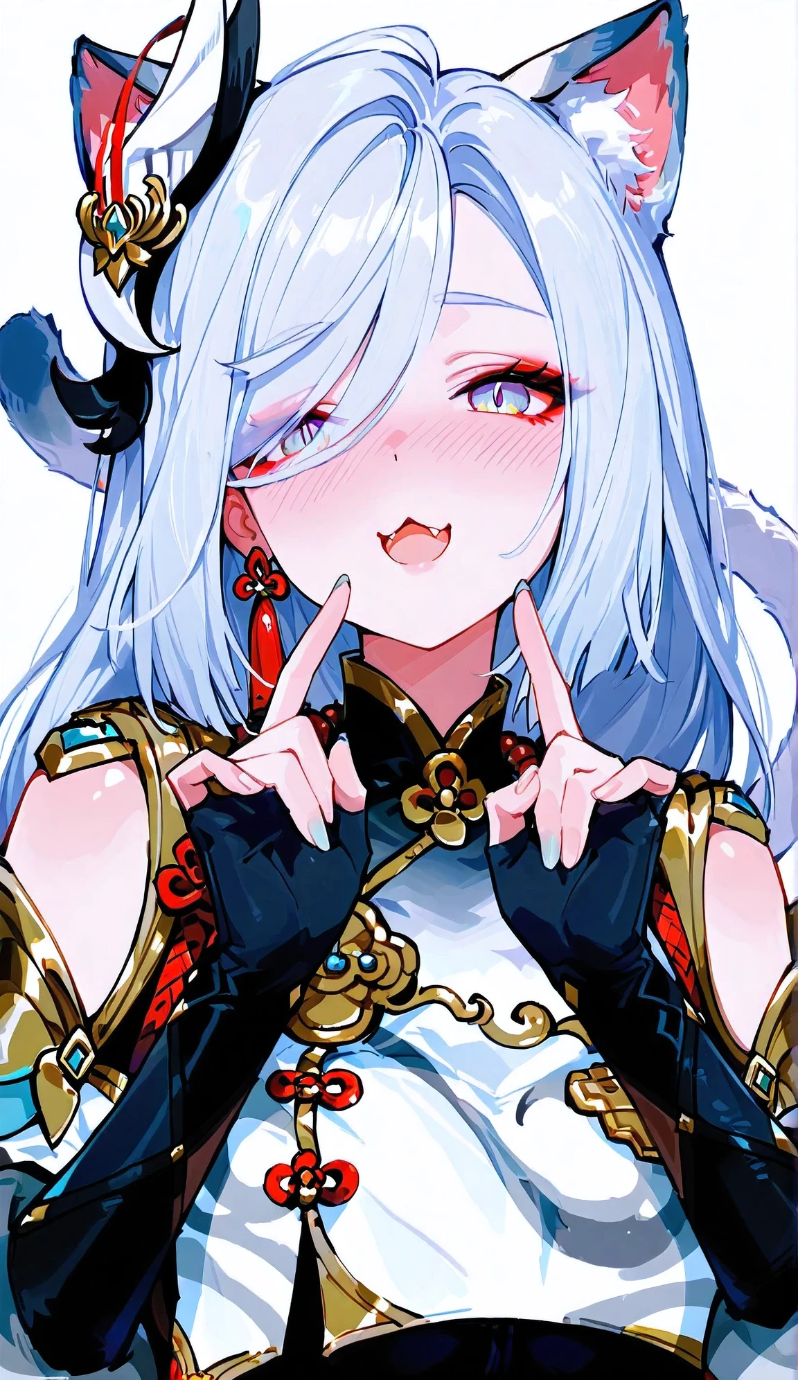 Best quality,high resolution,masterpiece,cat ear, cat tail, slight blush, craw pose, open mouth, meow mouth, :3, five finger, (\shenhe\), 1girl, solo, female focus, jewelry, beads, bead necklace, ahoge, bangs, tassel, makeup, red eyeshadow, slit pupils, eyeshadow, Perfect Hands,upper body