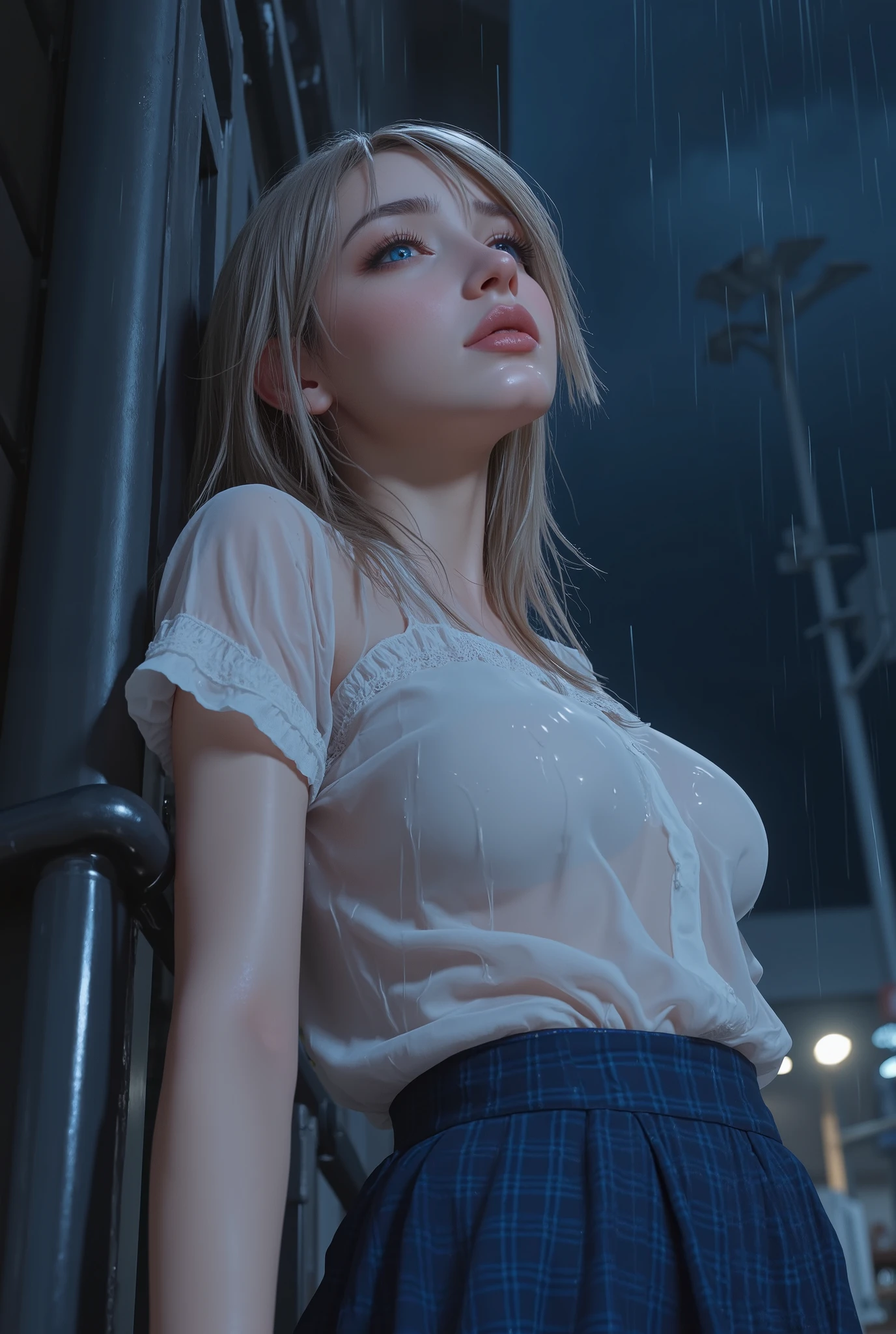 ((A very cute woman wearing a white silk micro extreme string bikini, and a white silk MiniMicro G-String Bikini at crowded train station and stick out her buttocks, turn around)), (((Huge soft breasts :1.4))), 8k, RAW photo, ((full body shot)), (highly detailed skin:1.2), (exposed:1.5), (exposed breasts:1.5), (exposed back:1.5), (exposed shoulders:1.1), (exposed crotch:1.5), photography, masterpiece, best quality, dark grey background, (a beautiful caucasian girl with beautiful blue eyes, gorgeous light blonde hair, white skin, Huge soft breasts and beautiful abs), various pose, Ultra-detailed face, Detailed eyes, in a crowded train station, Overexposure, taken from behind, ((No closeup)), ((she is wet)).