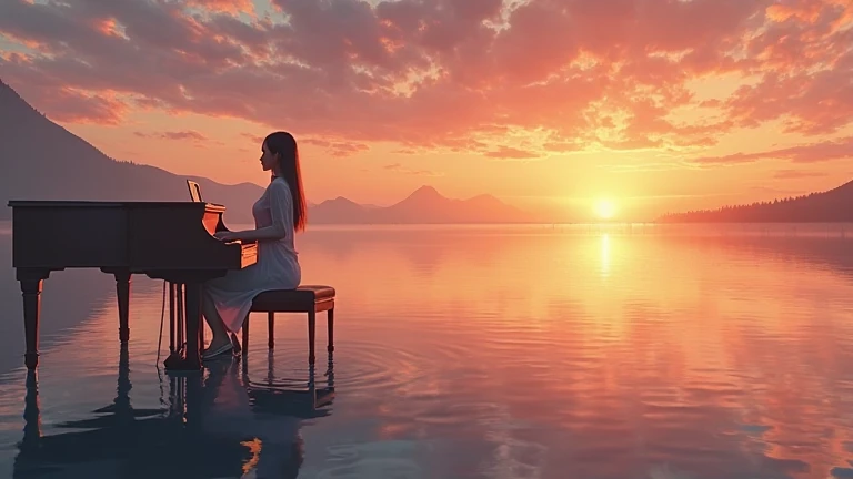 brunett woman from behind, a piano, sunset