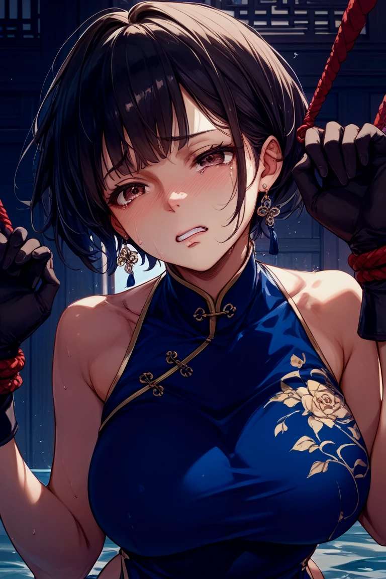 The best masterpieces, ultra-quality, ultra-detailliert, 超A high resolution, Illustration, Dim lighting, Photo, 8K, 1girl in, Outrageously beautiful and cute, Sweaty skin,(, Shy), ChunLi, hair buns, covered buns, chinese dress, qipao, blue outfit, spiked bracelets, puffy sleeves,SF2CL,Face full of scars、Skin shiny with sweat、 injured scared girl、 crying wet bursting out eyes, real tears streaming down face, ultra-detailed eyes,bandaid on face,covered with mud,expression of despair,Illumination that emphasizes shiny sweat{{{Spread }}},(crotch rope walking:1.0)