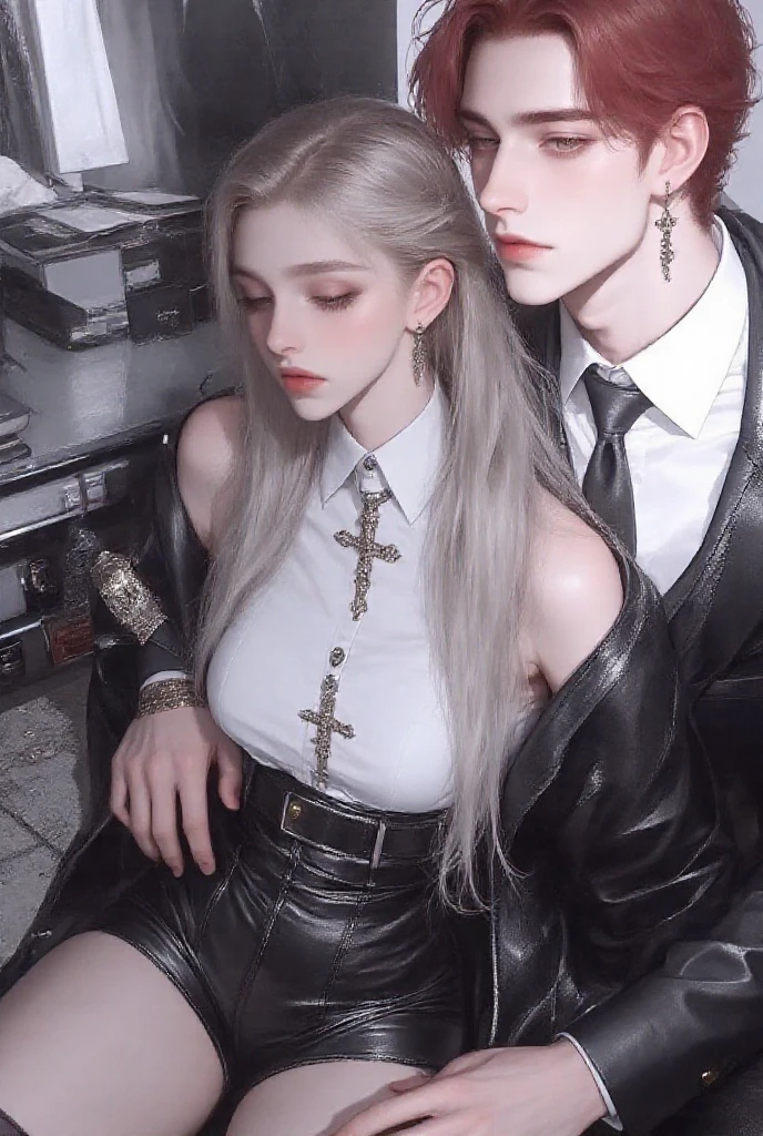Beautiful detailed skin, Detailed Body, beautiful detailed hair, couple dressed as schoolboys sitting