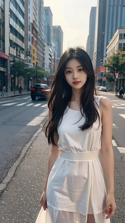1 Girl,Main Street,Soft Light,Chinese Beauty,dress,Dark-haired,long hair,